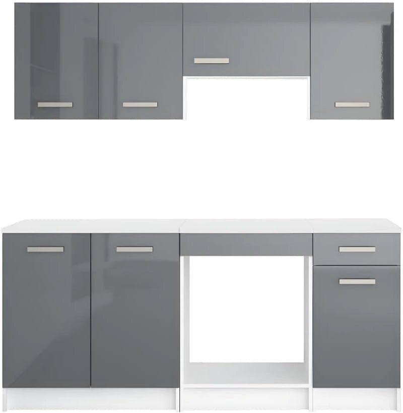 Ensemble de Cuisine Complète 180 cm - Gris Brillant et Blanc - Modèle TRATTORIA