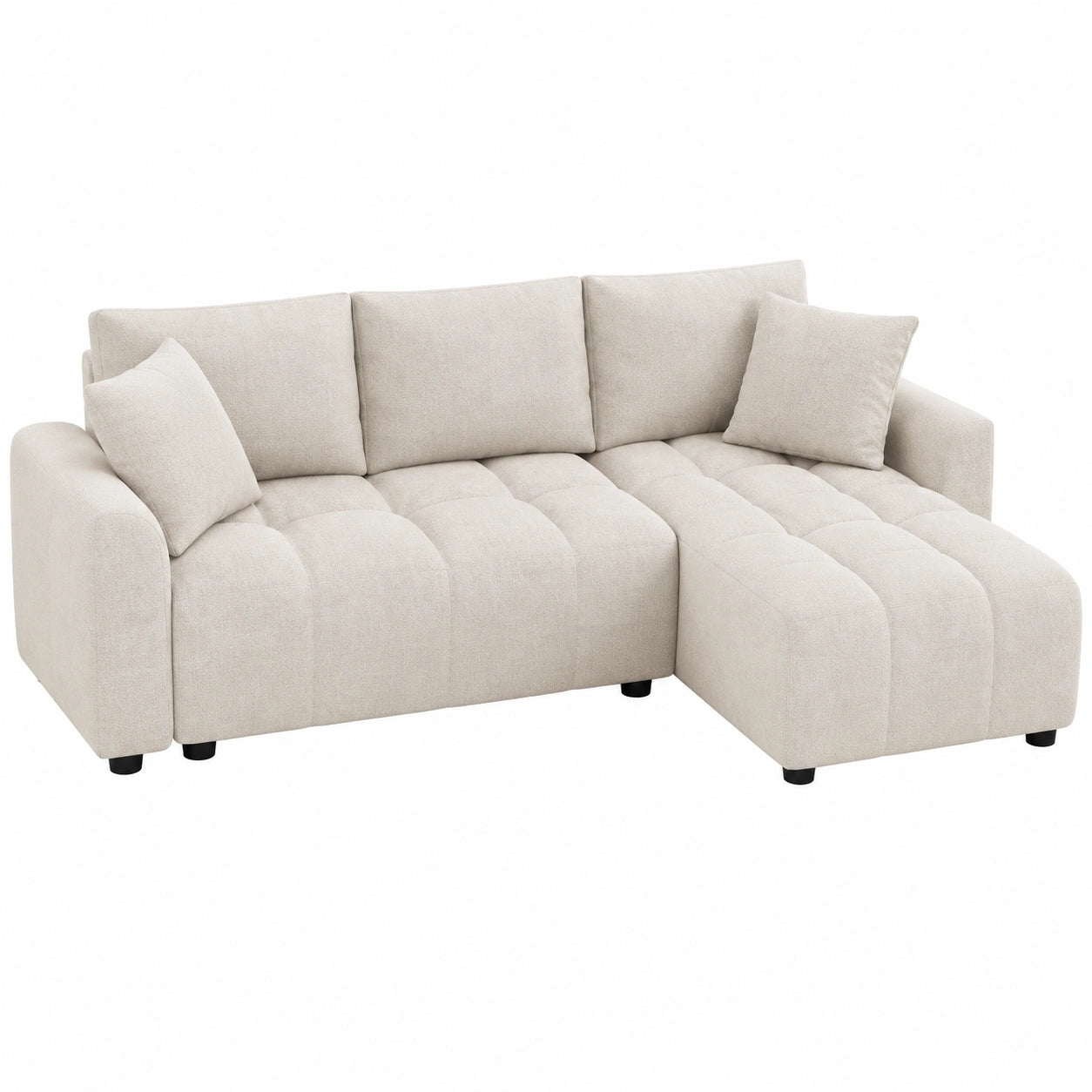Canapé d'angle convertible en tissu chenille beige avec coussins décoratifs pour salon