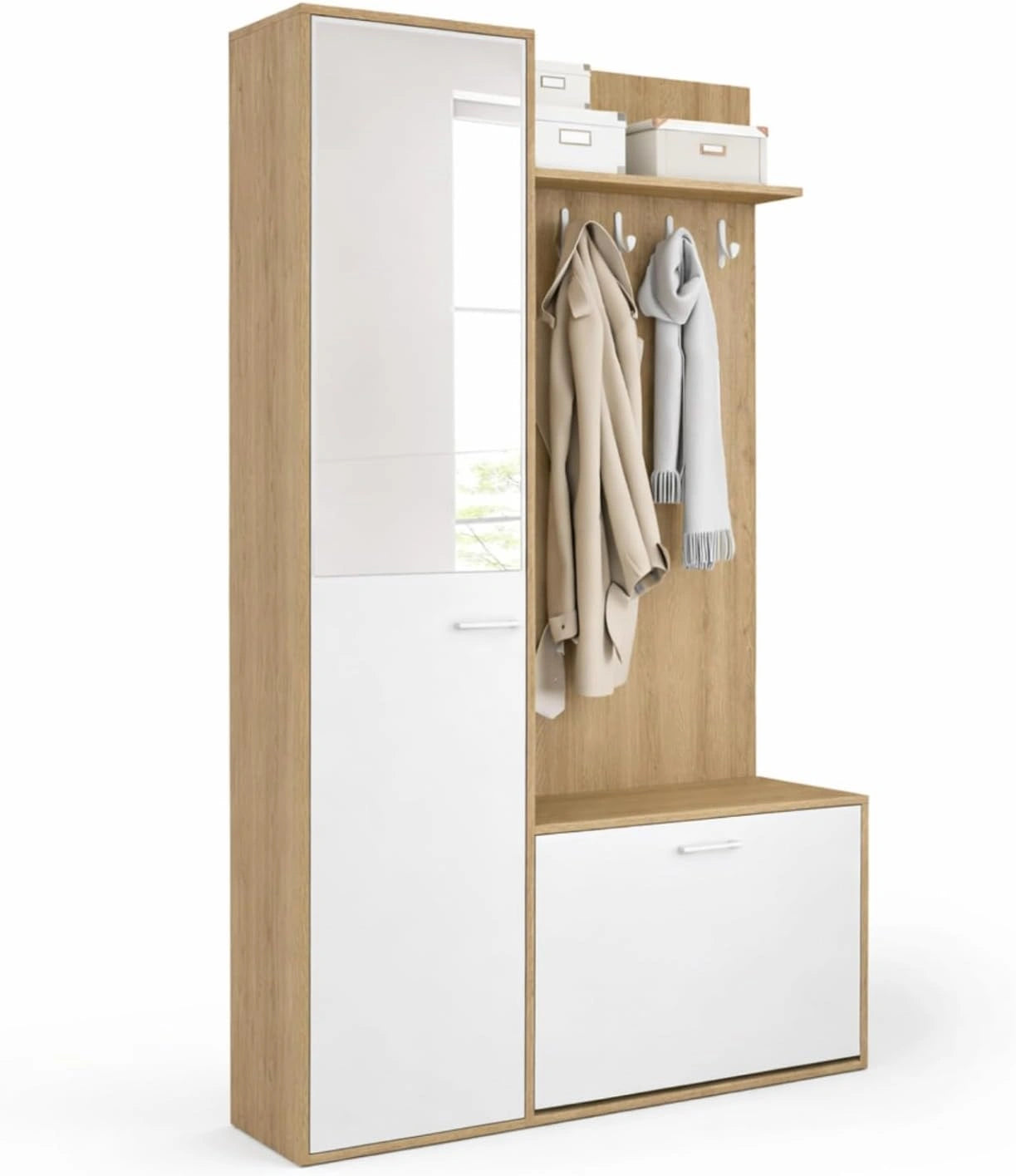 IDMarket - Armoire de Rangement Chaussures avec Miroir et étagères MAHAUT, 1 Porte Bois et Blanc