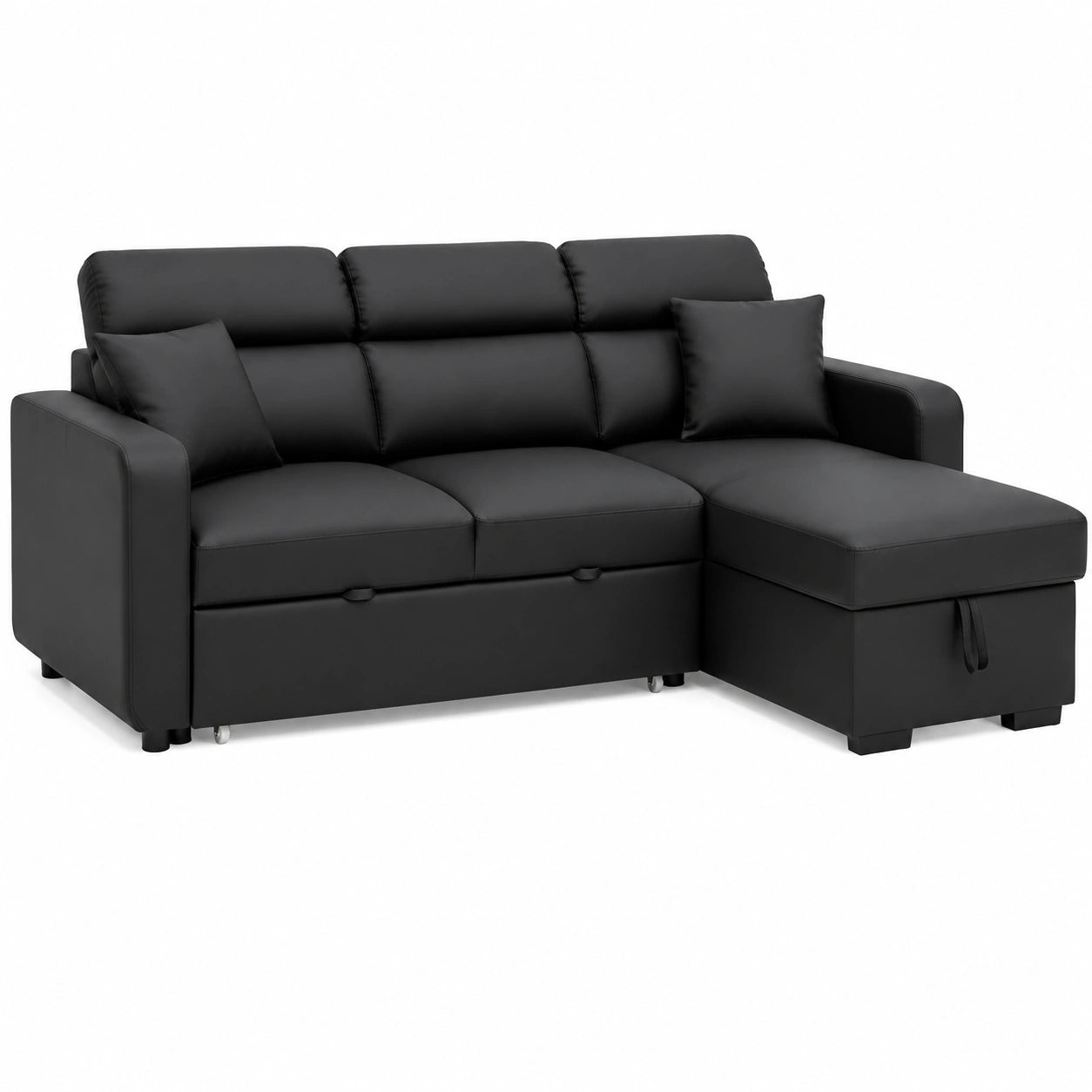 Canapé d'angle convertible 3 places en simili noir avec méridienne réversible et rangement