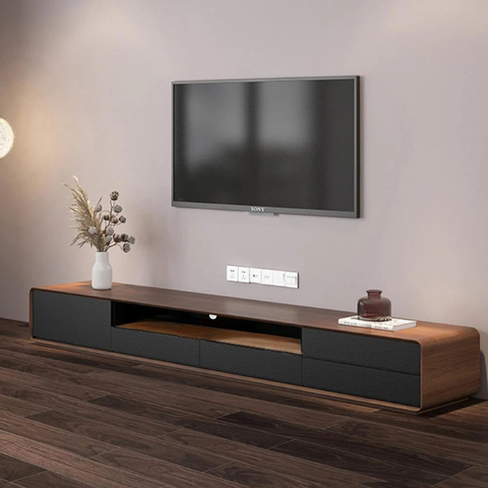 Meuble TV Moderne 180cm, Bois et Noir avec 4 Tiroirs et 2 étagères, Sans Assemblage
