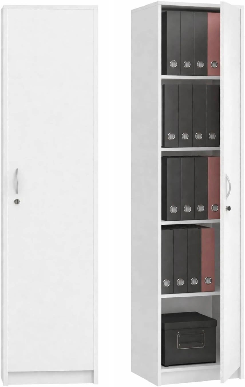 Armoire de Rangement Bureau avec Serrure, 5 Compartiments, 1 Porte, 180x44,5x35 cm, Blanc