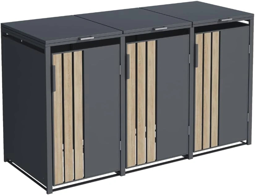 Coffre de Rangement pour Poubelles 3 Compartiments, Acier Galvanisé Gris Effet Bois avec Ouverture Facile