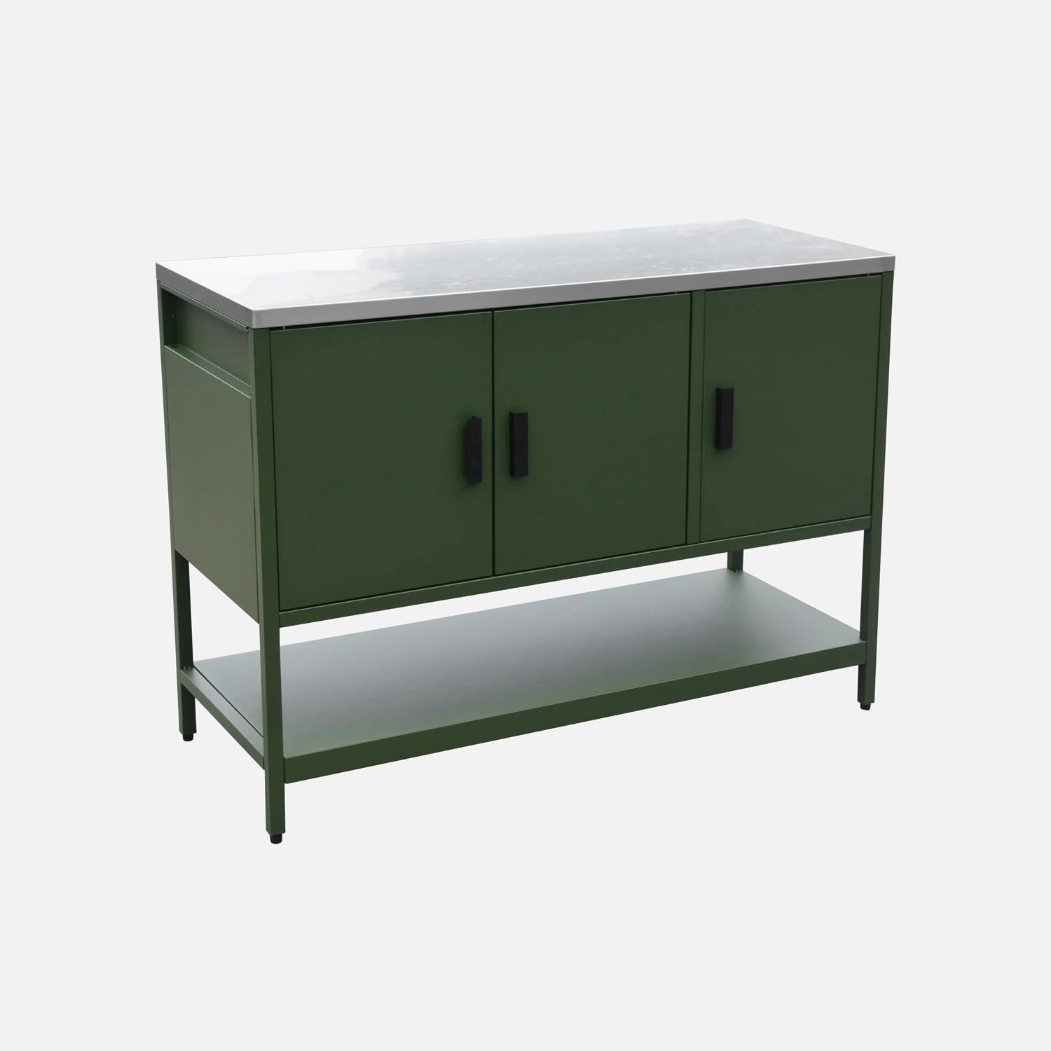 Cuisine extérieure en acier vert avec 3 portes et étagère L120 cm - Sweeek