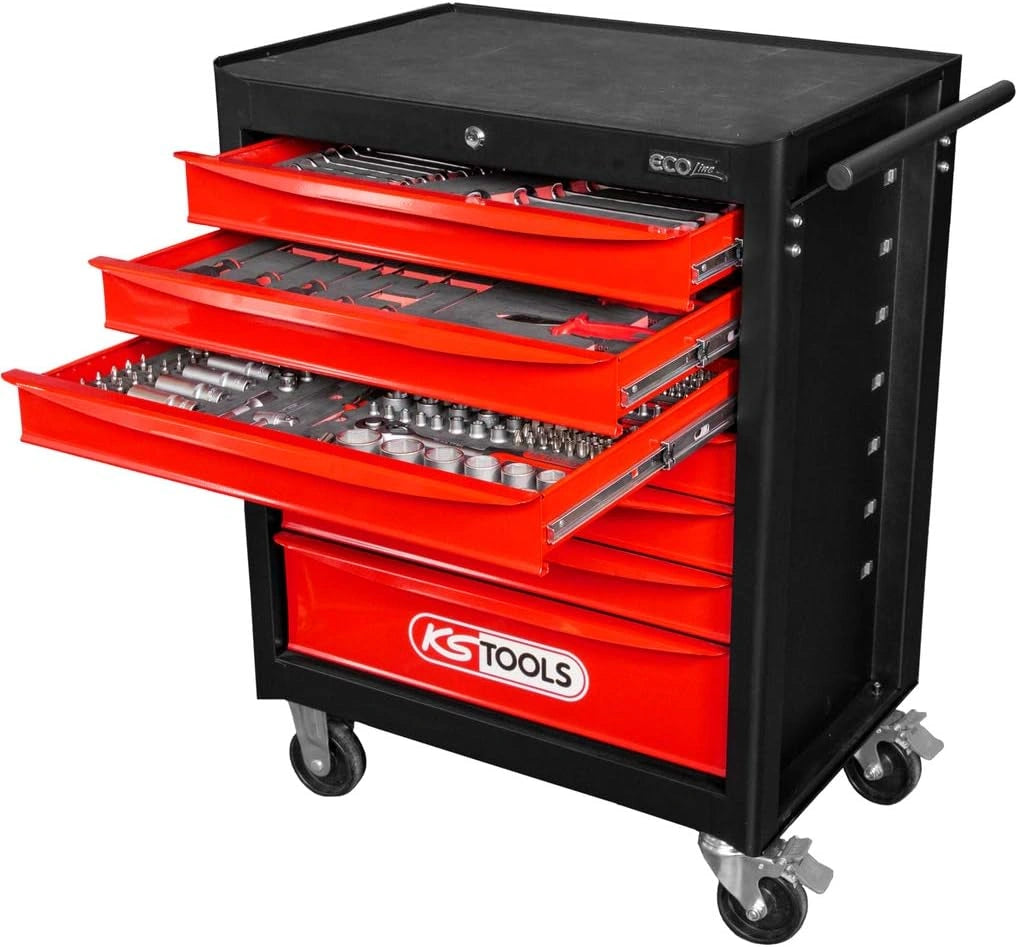 Servante d'atelier KS TOOLS avec 7 tiroirs, 215 outils inclus, acier allié, noir et rouge
