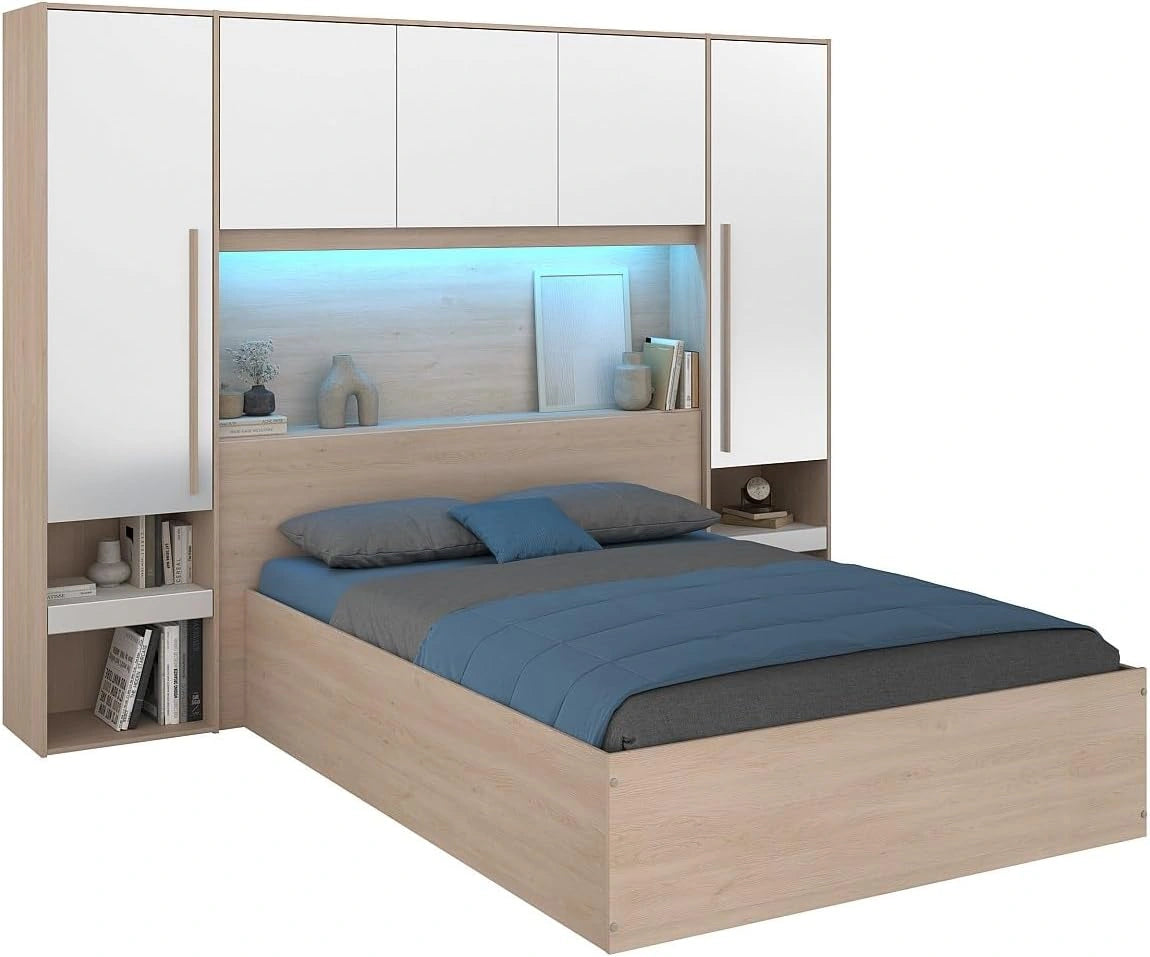 Lit Coffre 140x190 cm avec Rangement et LEDs - Finition Blanc Brillant et Bois Naturel - Modèle Velona
