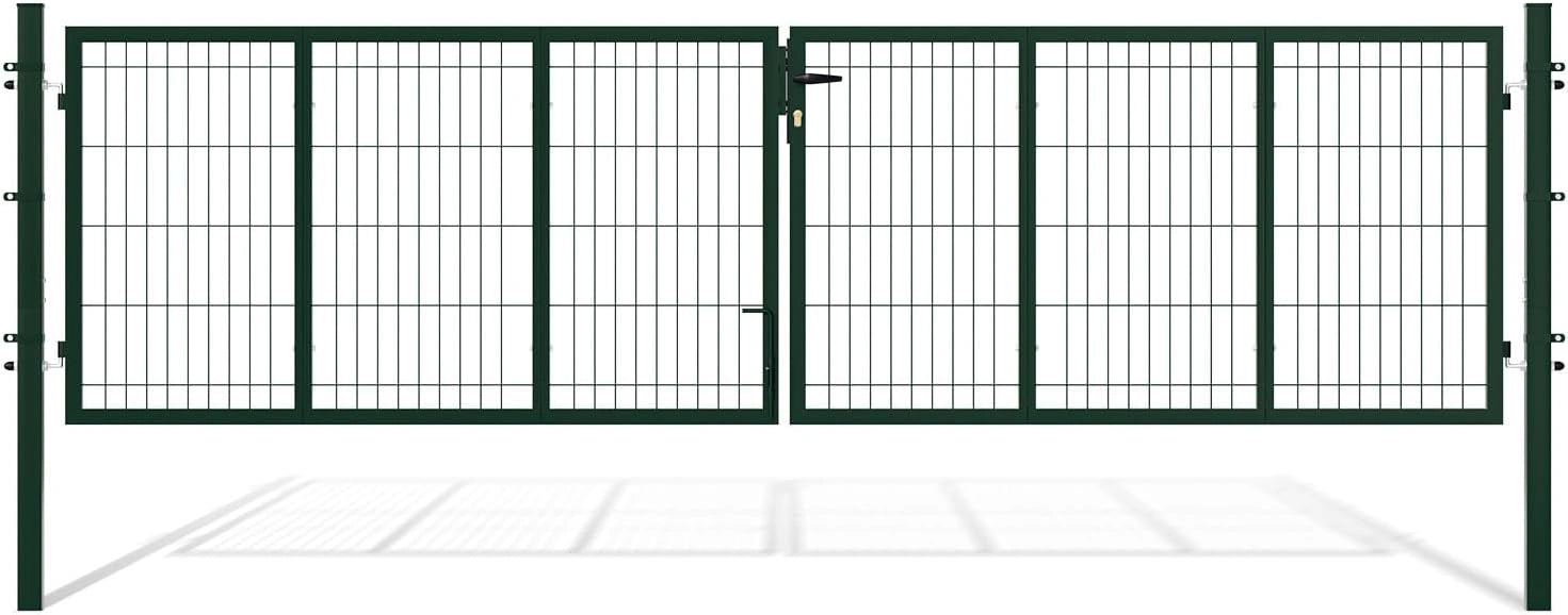 Portail de jardin robuste double battant, 350 x 100 cm, vert avec serrure et clés