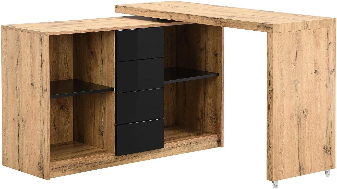 Bureau Modulable PAVELO avec Plateau Pivotant 360° en MDF, Finition Naturelle et Noire, avec Rangements Intégrés