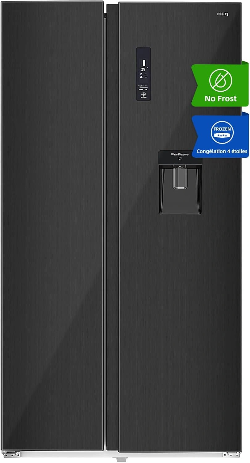 Réfrigérateur Américain CHIQ 559L, Compresseur Inverseur, No Frost, 39dB, Distributeur d'eau 5L, Acier Noir