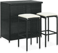 Ensemble Bar 3 Pièces en Résine Tressée Noir avec Coussins - Table et 2 Tabourets Hauts pour Extérieur