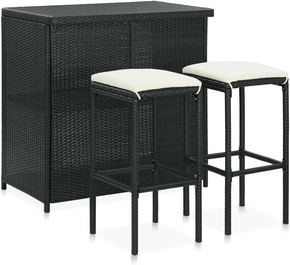 Ensemble Bar 3 Pièces en Résine Tressée Noir avec Coussins - Table et 2 Tabourets Hauts pour Extérieur