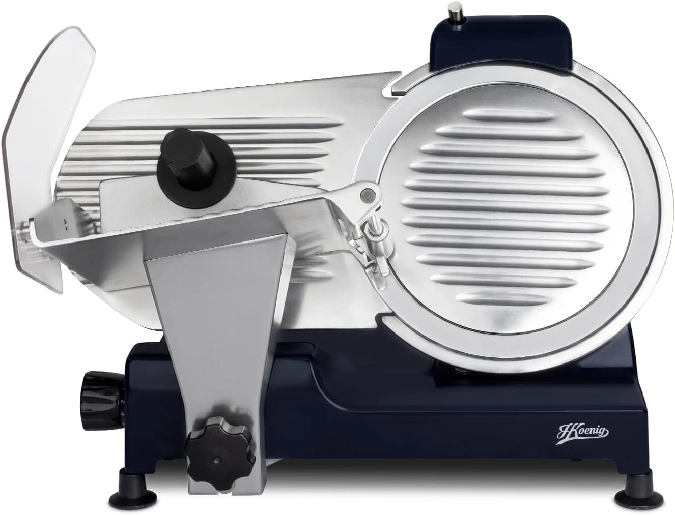 Trancheuse électrique H.Koenig MSX256 - Professionnelle, Lame Italienne 25cm, épaisseur Réglable 0-12mm, Aiguiseur Intégré, Plateau Spacieux, 282 RPM, Bleue