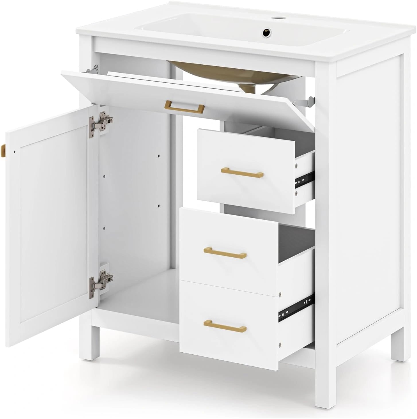 Ensemble Meuble Salle de Bain Blanc avec Lavabo Céramique, 2 Tiroirs et Portes, 76x46,5x86 cm