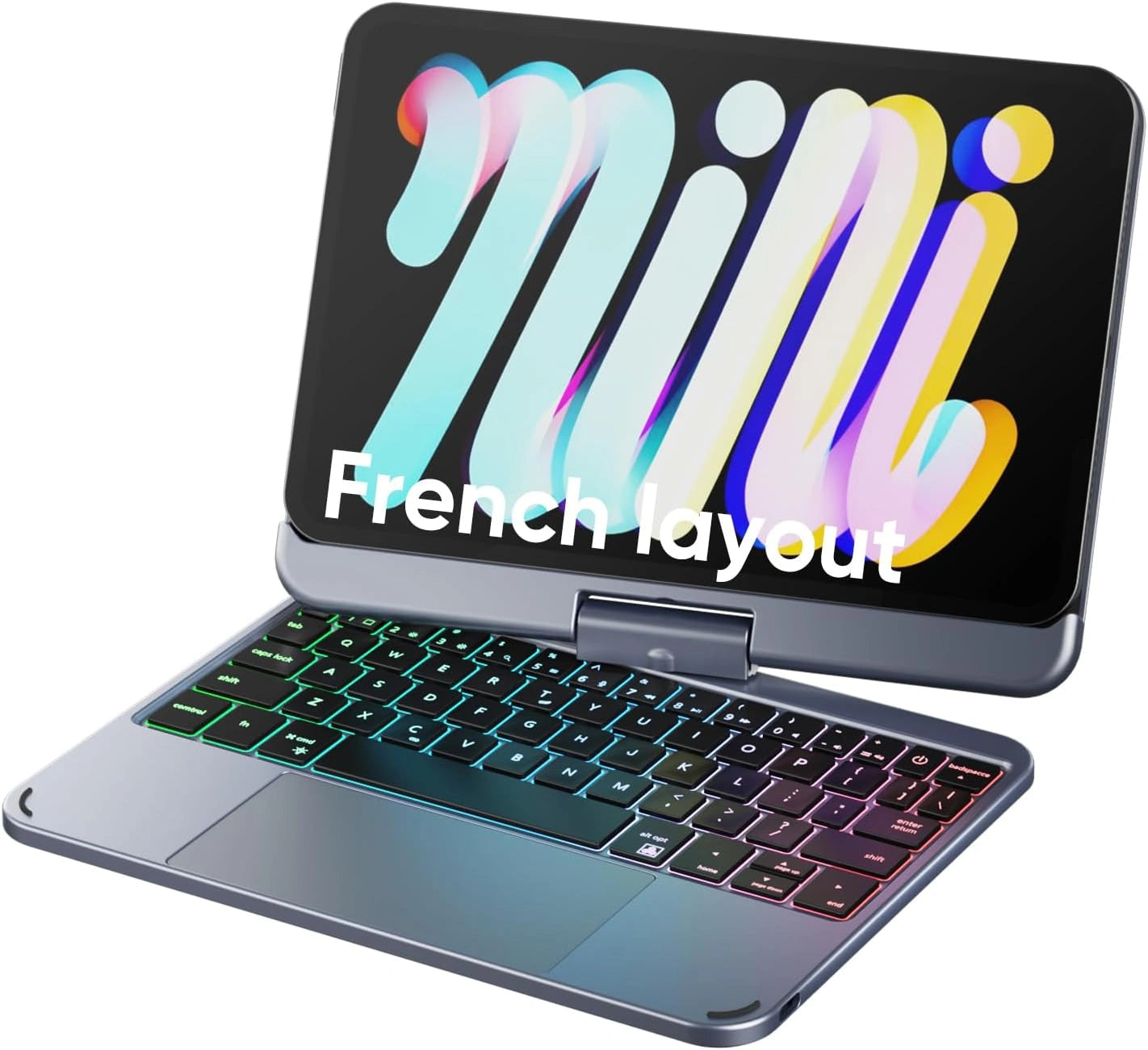 Clavier étui doqo pour iPad Mini 6/7, 8,3'' avec Pavé Tactile, Rétroéclairage 7 Couleurs, Rotation 360°, Housse Mince en Folio (Gris) - Disposition AZERTY