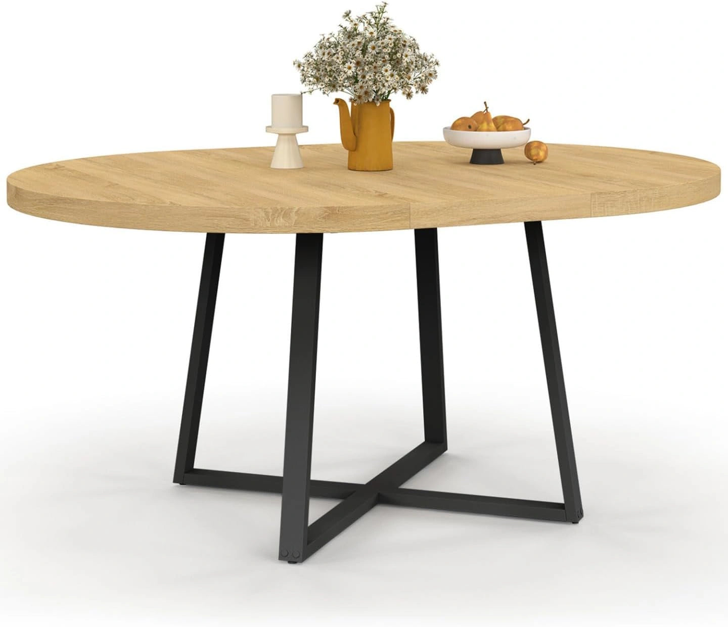 Table à Manger Extensible Ronde Selma 4 à 8 Personnes, Bois et Noir, 110 à 150 cm