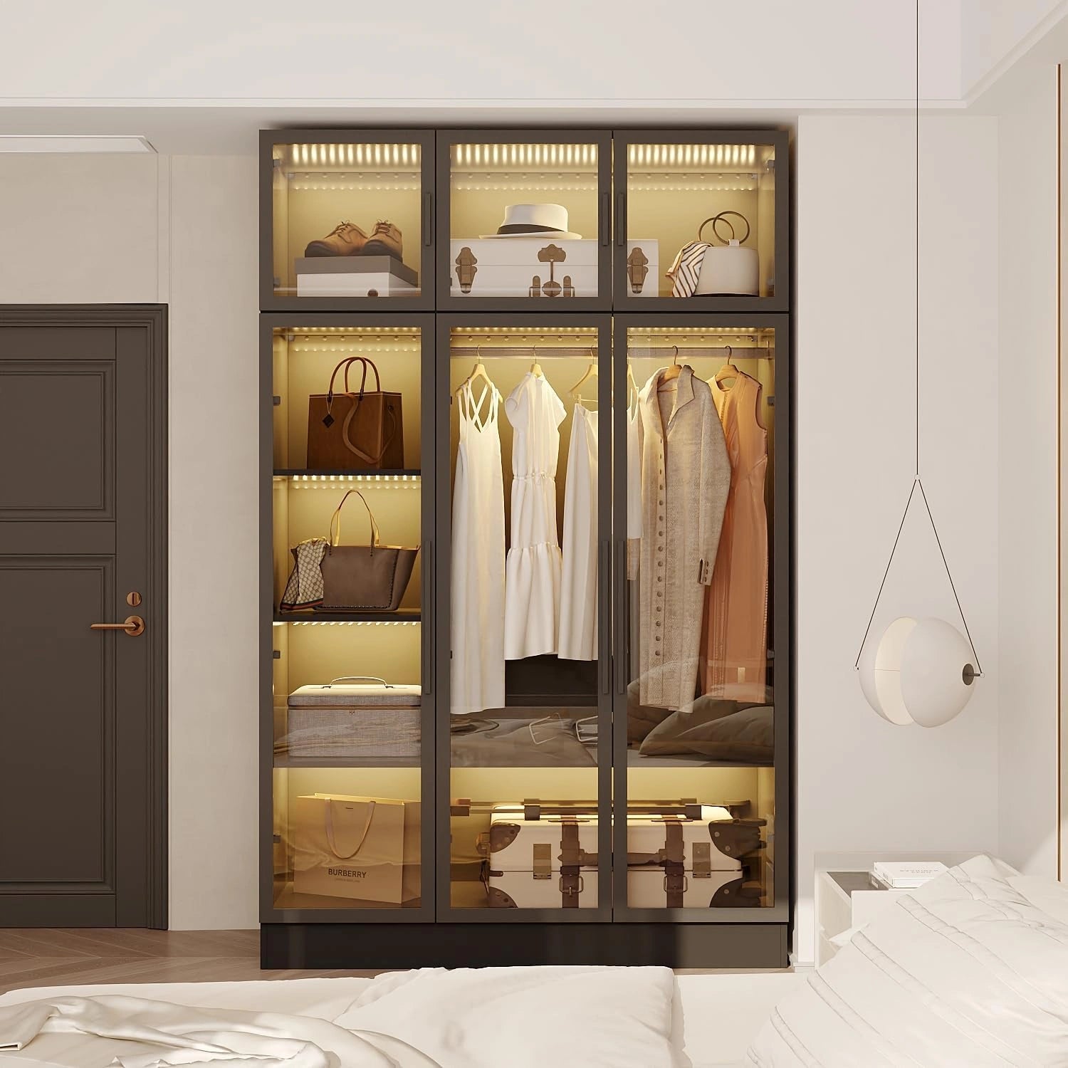 Armoire en Verre avec éclairage LED et Cadre en Fer, 6 Portes, 5 étagères, 120x48x190 cm, Noir