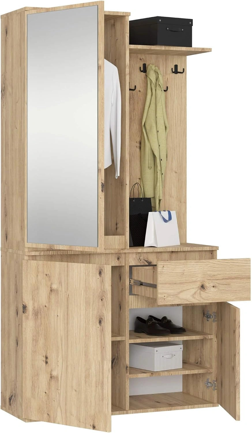 Ensemble de Vestiaire Moderne 95 cm avec Miroir - 3 Portes, 1 Tiroir, 7 étagères - Idéal pour Espaces Réduits - Couloir ou Entrée - Chêne Artisan