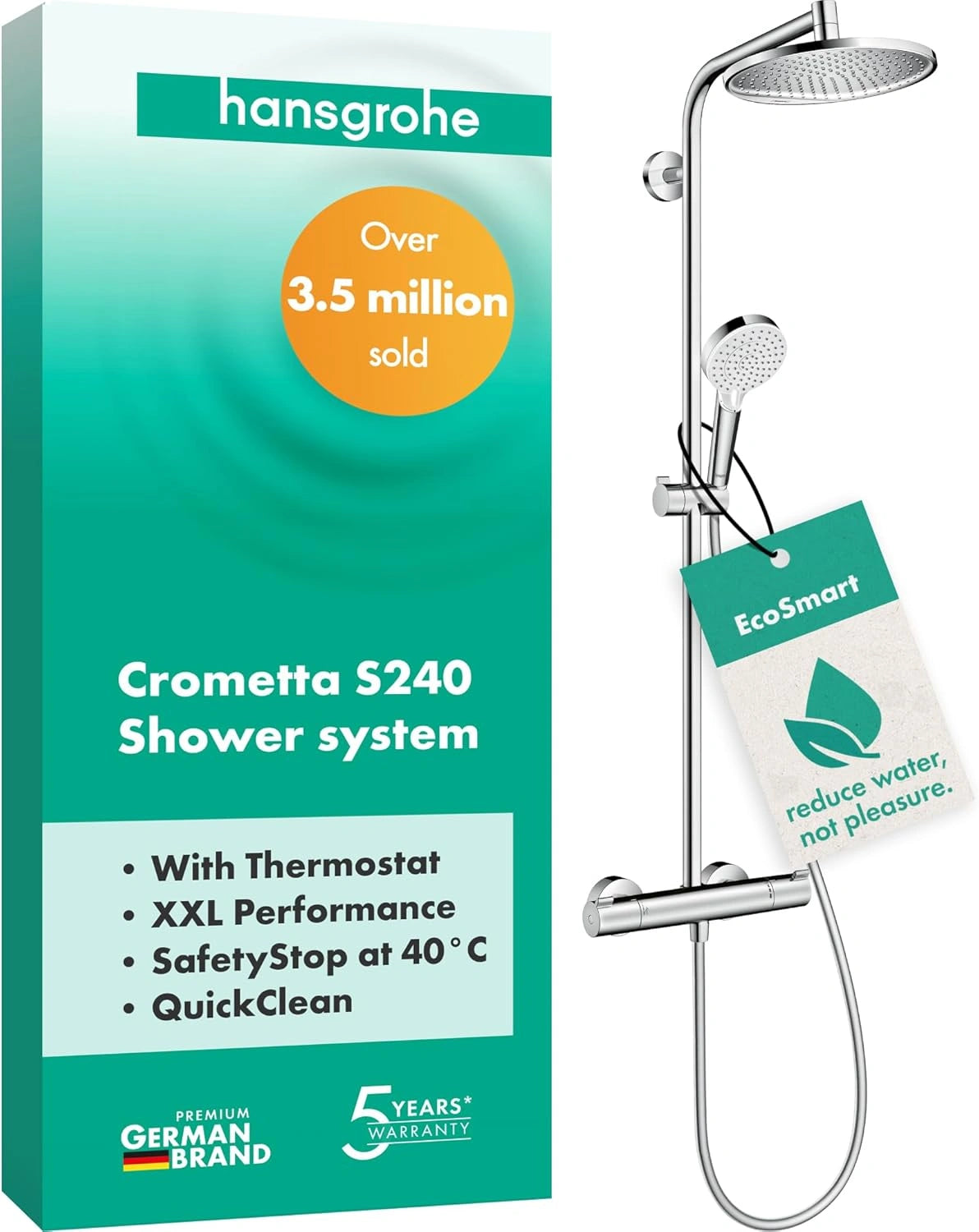 Ensemble de Douche Hansgrohe Crometta S avec Technologie écoSmart et Mitigeur Thermostatique, Pommeau de 240 mm, Douchette, Support et Flexible, Chromé