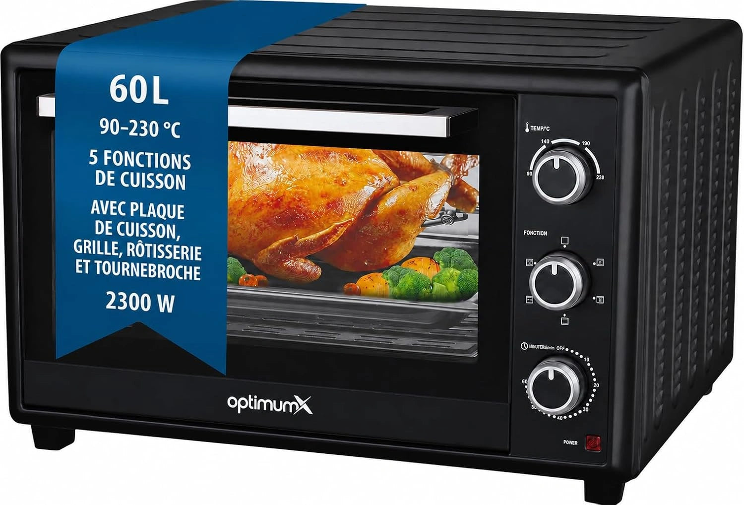 Four électrique XXL 60L OptimumX Chaleur Tournante 2200W avec Tournebroche et éclairage, 40-230°C, Noir