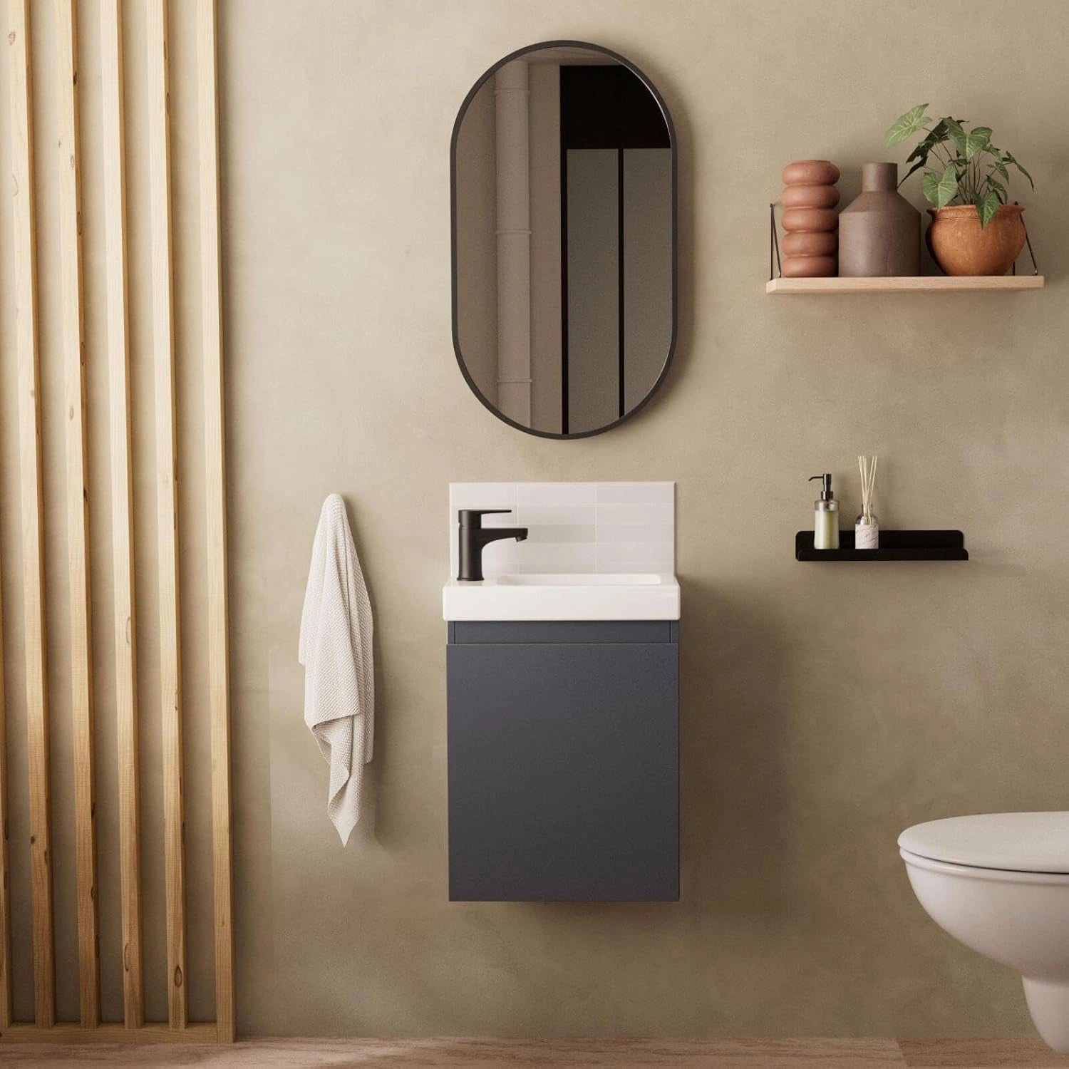 Ensemble Meuble Lave-Mains Lisa avec Robinet Noir et Miroir Ovale
