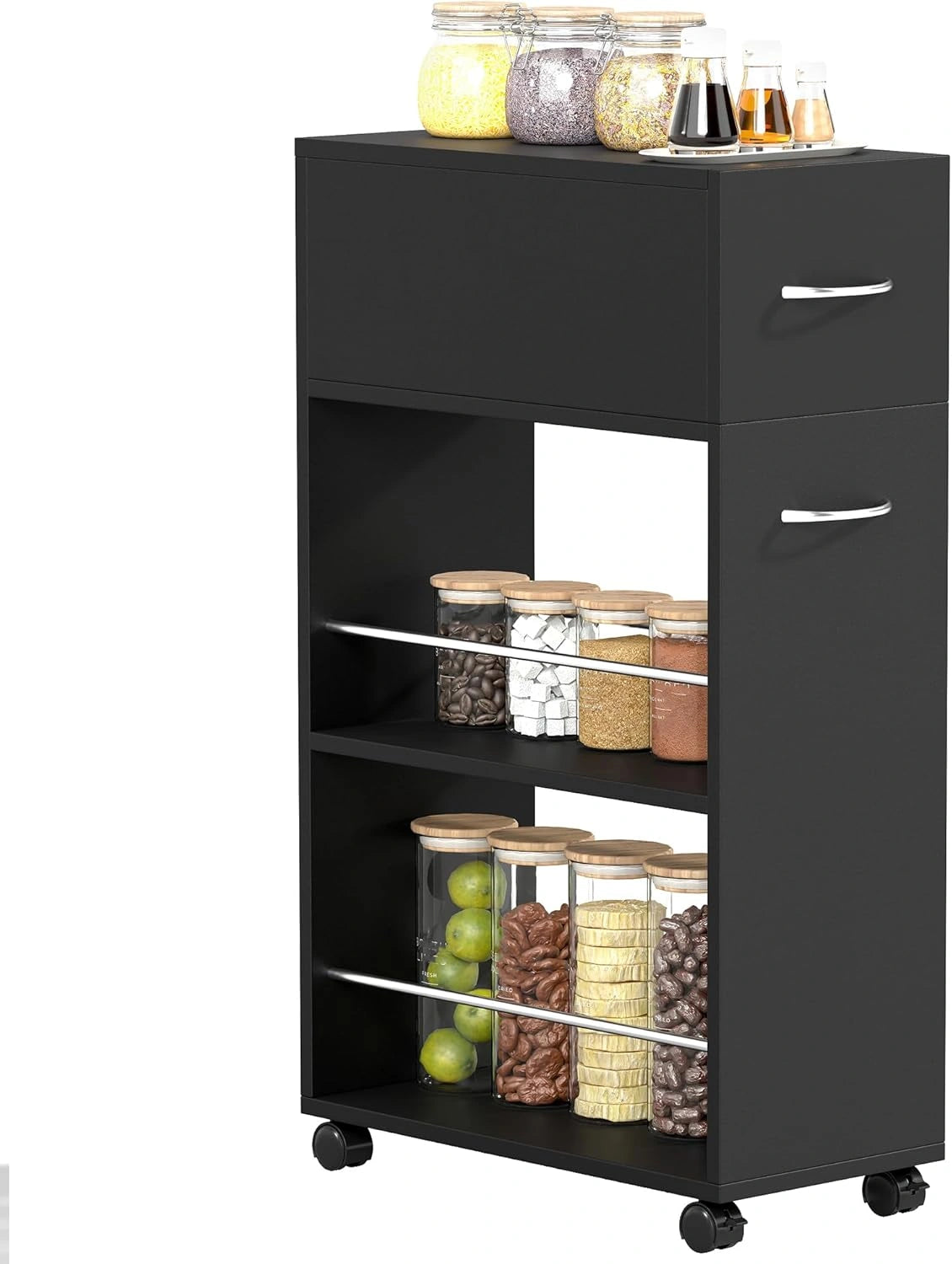 HOMCOM Chariot de Cuisine Mobile avec Tiroir et étagères Ouvertes, Bois Noir, 25x50x85 cm
