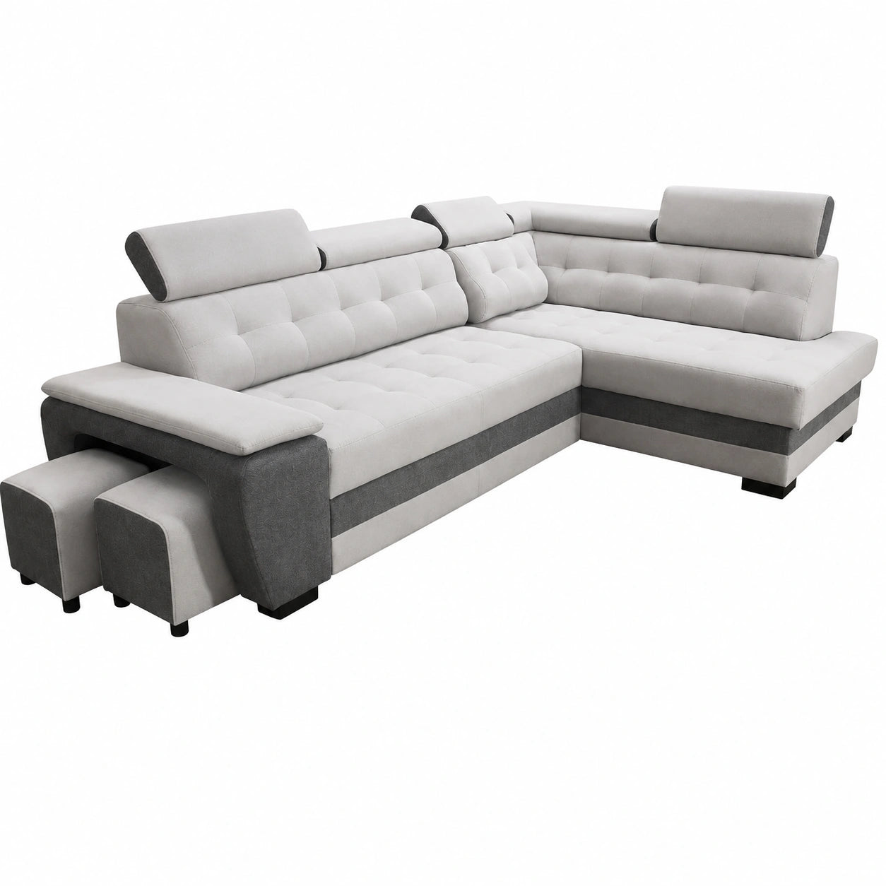 Grand canapé d'angle convertible avec espace de rangement et tabourets, forme en L avec appuie-tête réglables