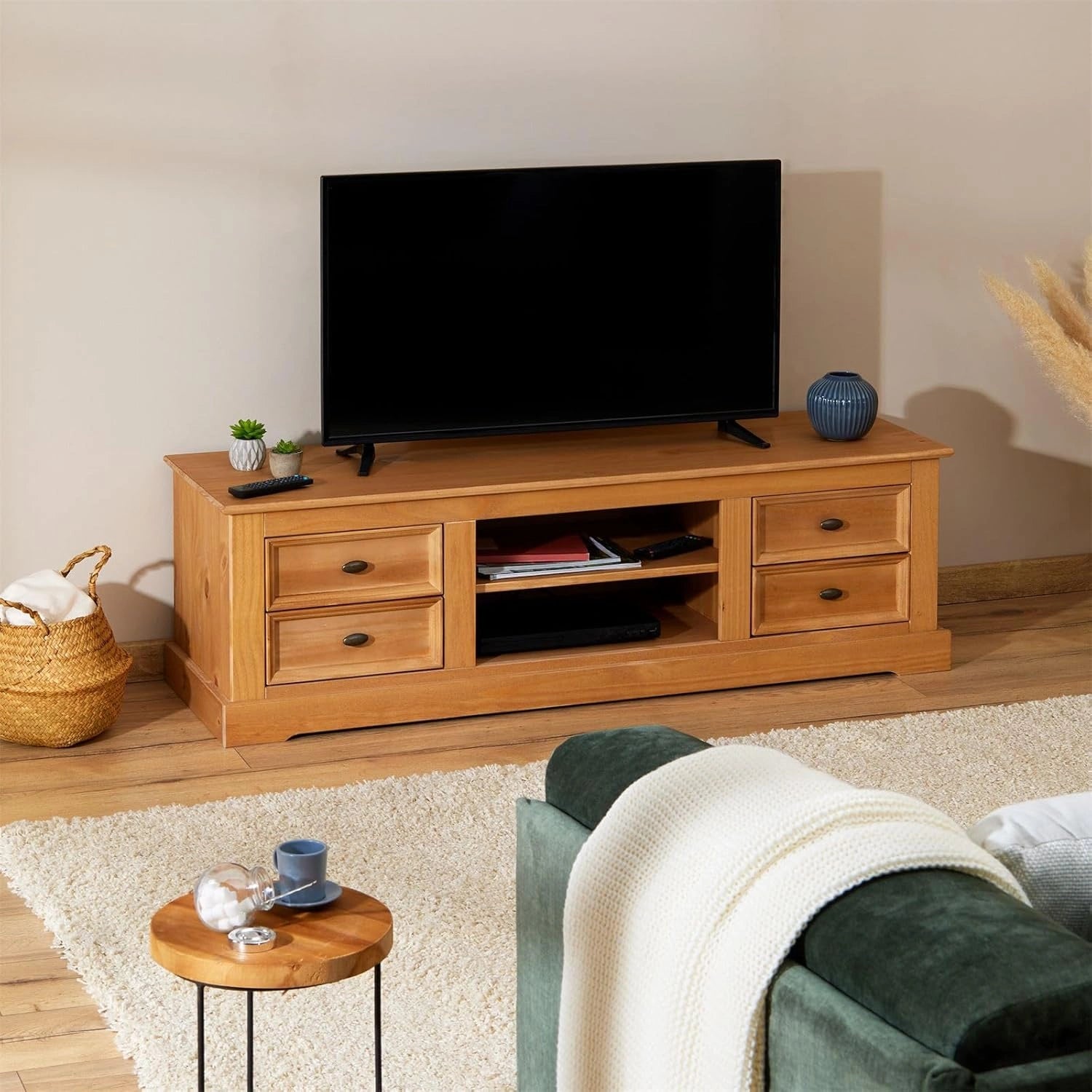 Meuble TV en Pin Massif Kent avec Tiroirs et Niches - 144x46x45 cm
