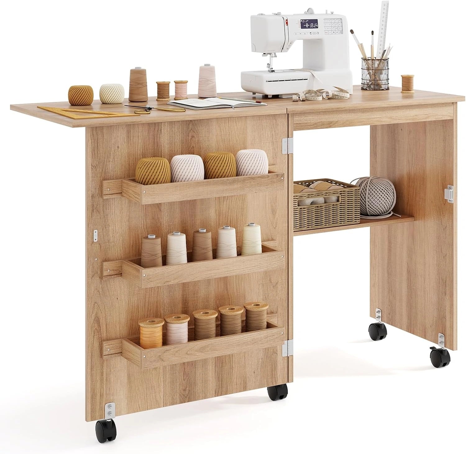 Table de couture pliable avec roulettes, grand espace de rangement et plan de travail
