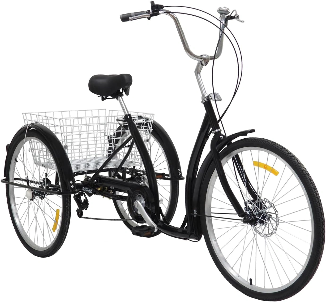 Tricycle adulte 26" à 3 roues noir, vélo urbain 6 vitesses avec panier, pour taille 1,65 à 1,85 m