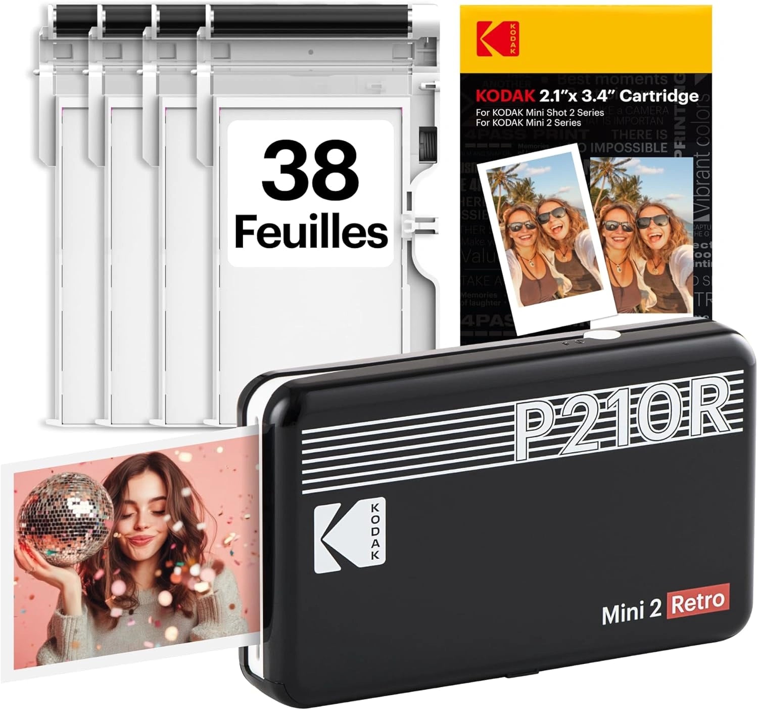 Imprimante photo portable KODAK Mini 2 Retro avec 38 feuilles, technologie 4PASS, noir