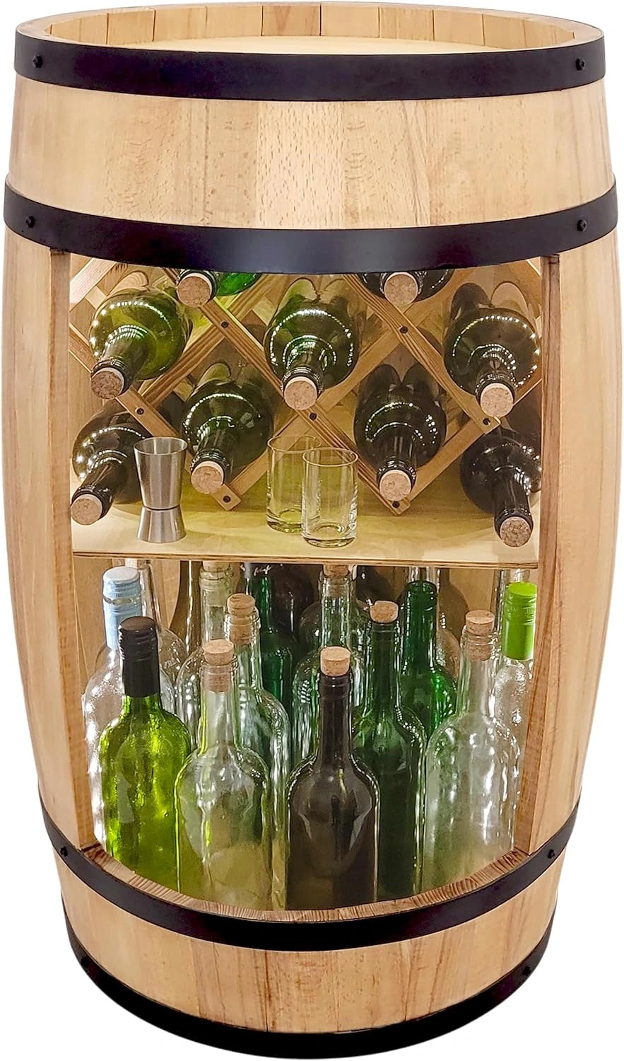 Weeco Tonneau de Bois avec éclairage LED – Armoire à Vin Rustique – Casier à Bouteilles et Whisky – Meuble de Bar Décoratif 80x50cm