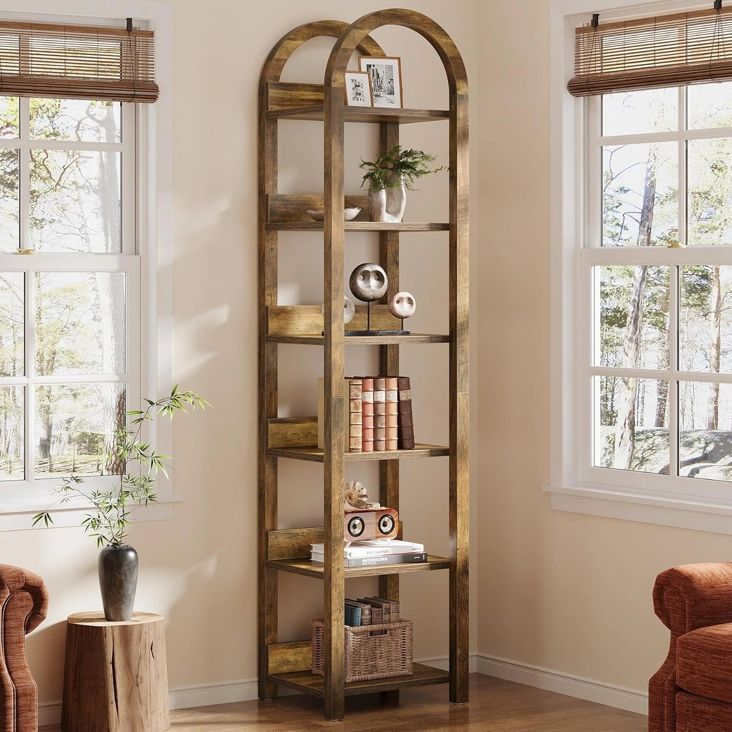 étagère de Bibliothèque en Bois à 6 Niveaux 180cm - Tribesigns, Rangement Arqué pour Livres, Bureau et Salon