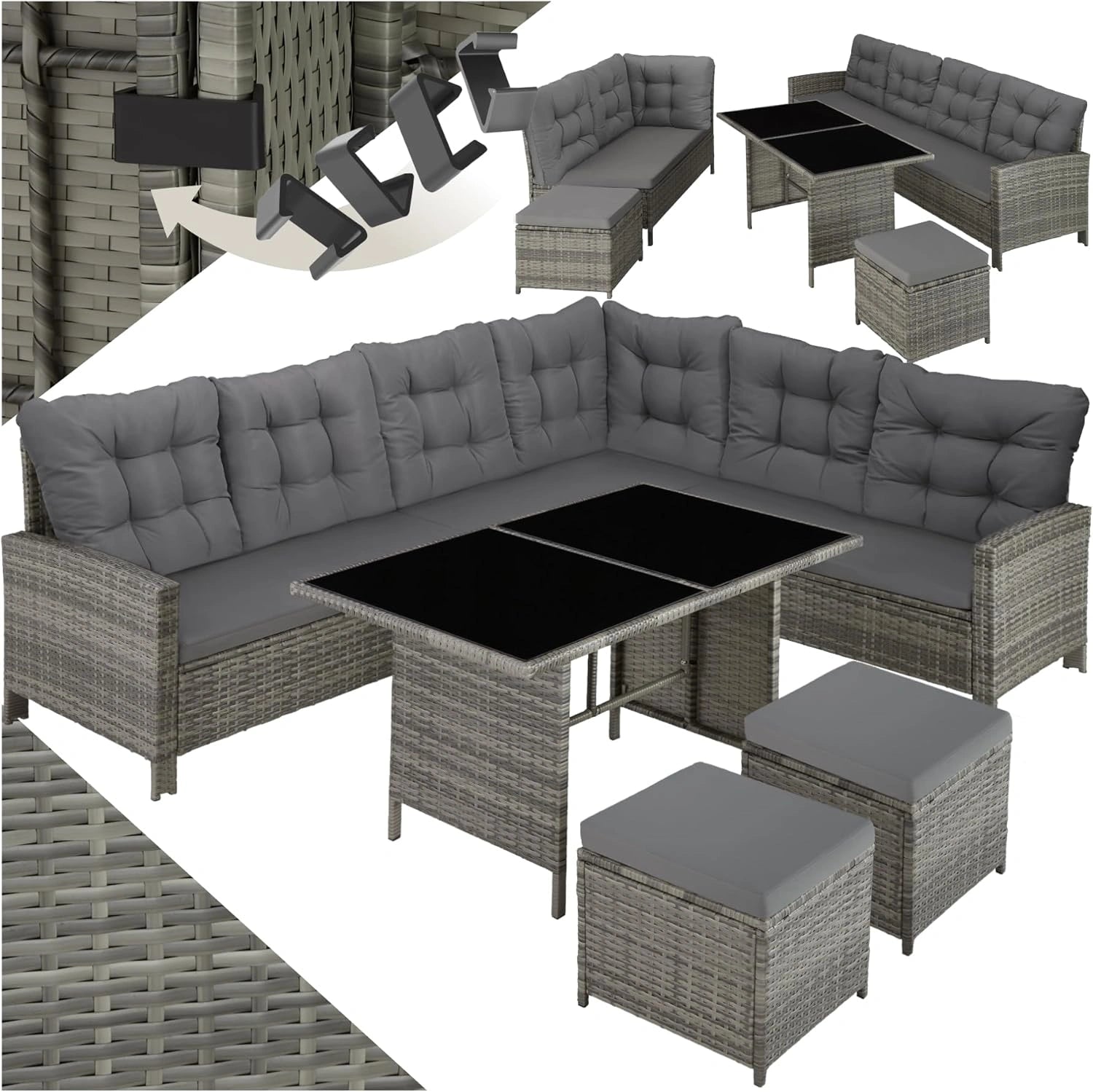Ensemble de Jardin Modulable en Rotin Synthétique - Canapé d'Angle, Table et Poufs Gris pour Terrasse
