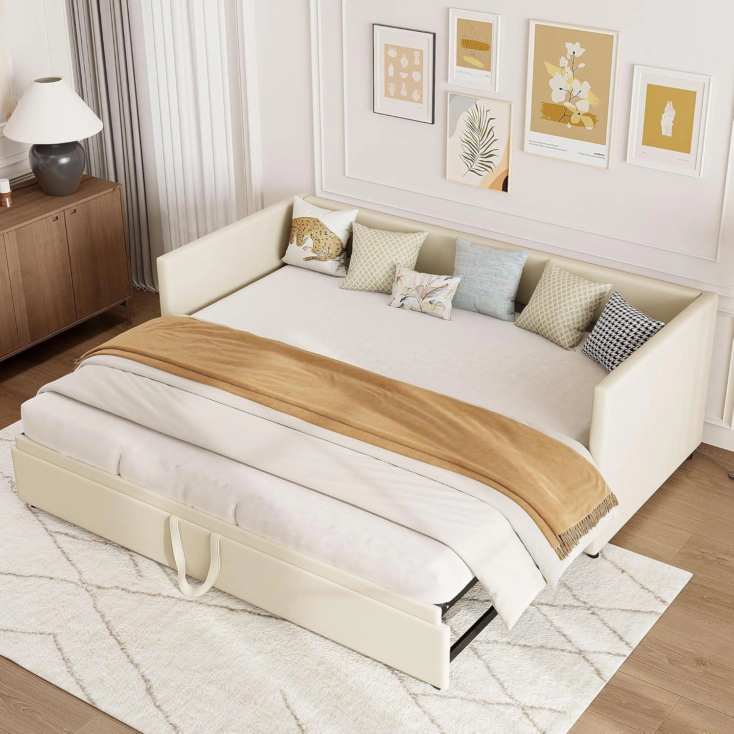 Lit escamotable en velours avec canapé, 200 cm, convertible en lit double, sans matelas, beige