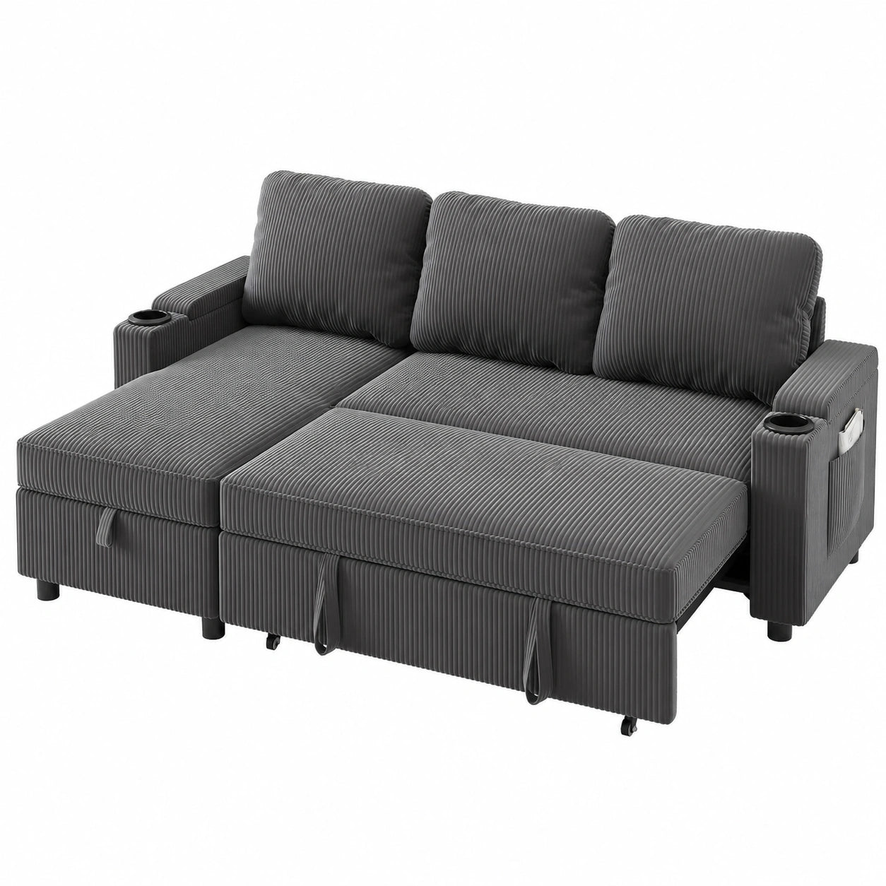 Canapé d'angle convertible 3 places avec rangement intégré et accoudoirs multifonctionnels, idéal pour salon et petit appartement, design moderne et pratique, gris