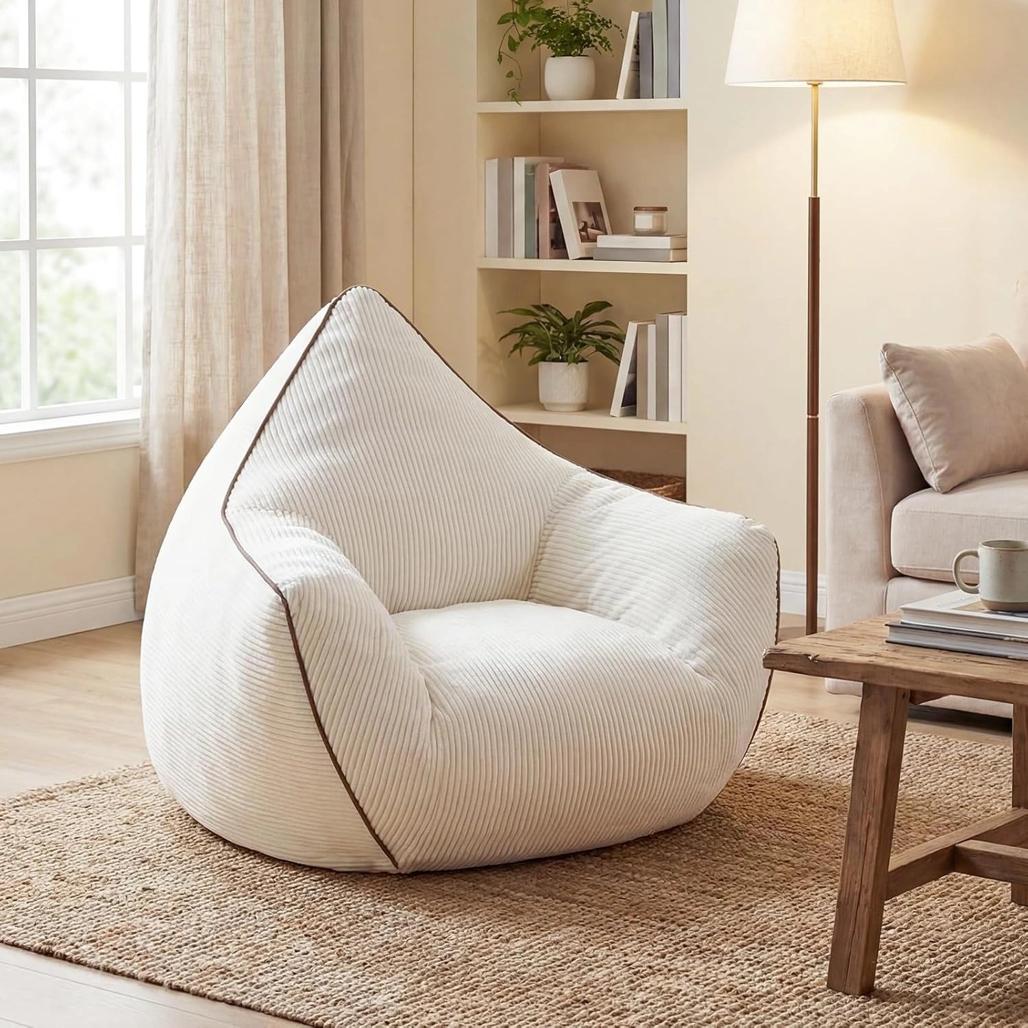 Pouf en Velours C?telé Beige avec Mousse Antidérapante, Idéal pour Toutes Pièces