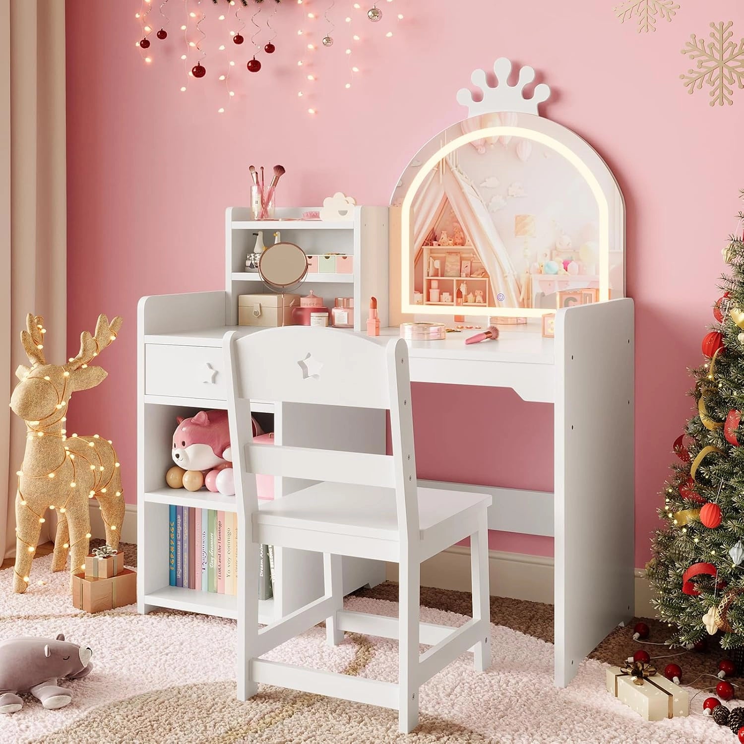 Coiffeuse Enfant avec Miroir éclairé et Chaise, Ensemble Bureau 2 en 1 avec Rangement, Mobilier pour Filles