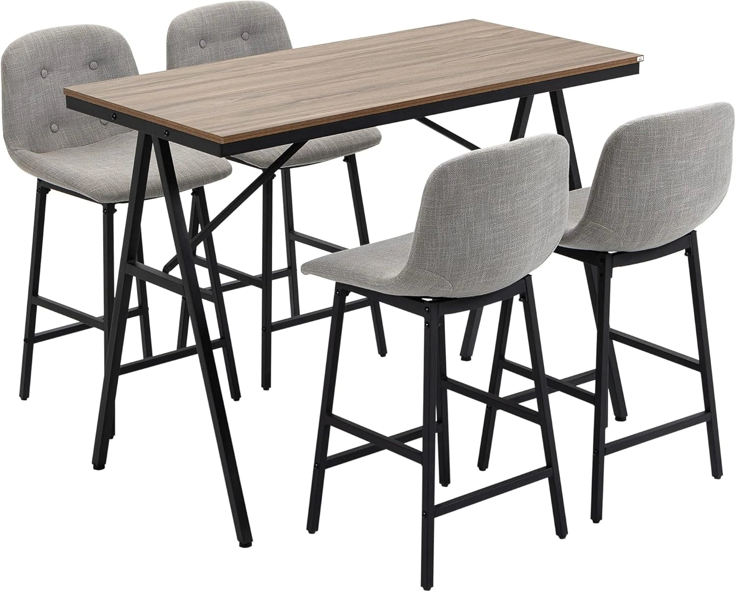 Ensemble de Bar Industriel avec Table et 4 Tabourets Rembourrés en Acier, Gris Clair