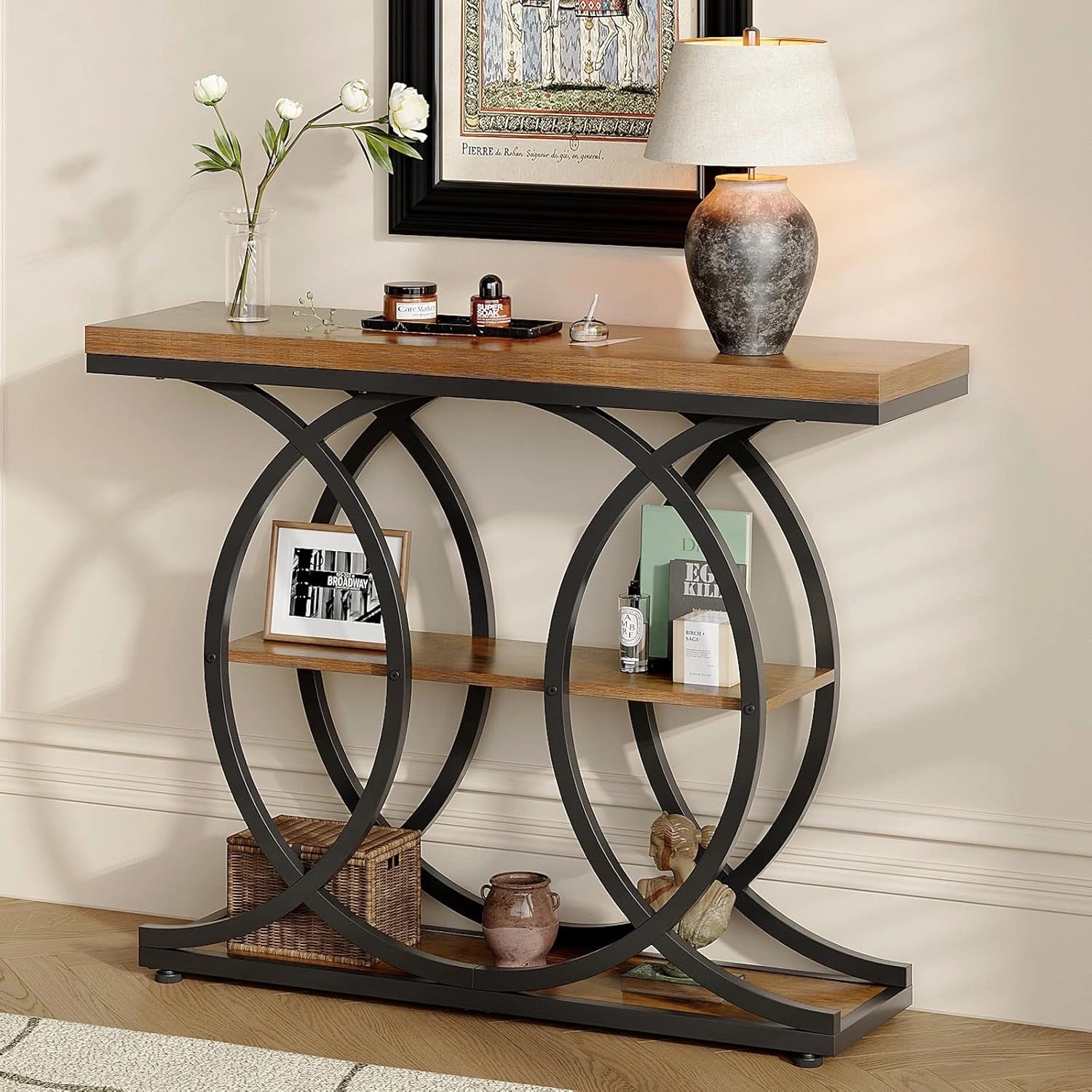 Console étroite industrielle 105x30 avec rangement en bois pour salon et entrée