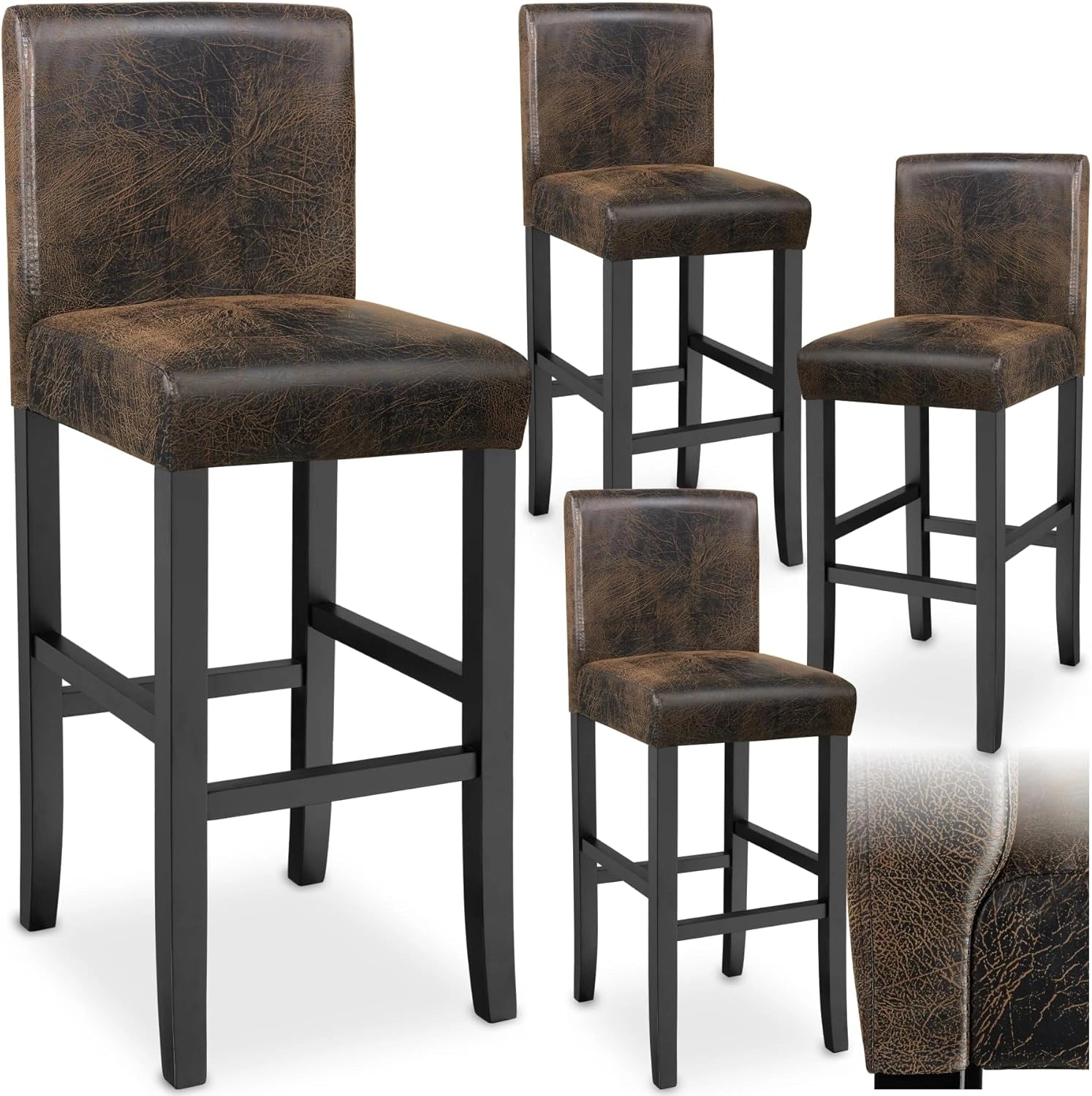 Ensemble de 4 Tabourets de Bar en Bois et Similicuir avec Dossier - Sièges Rembourrés pour Cuisine ou Salon