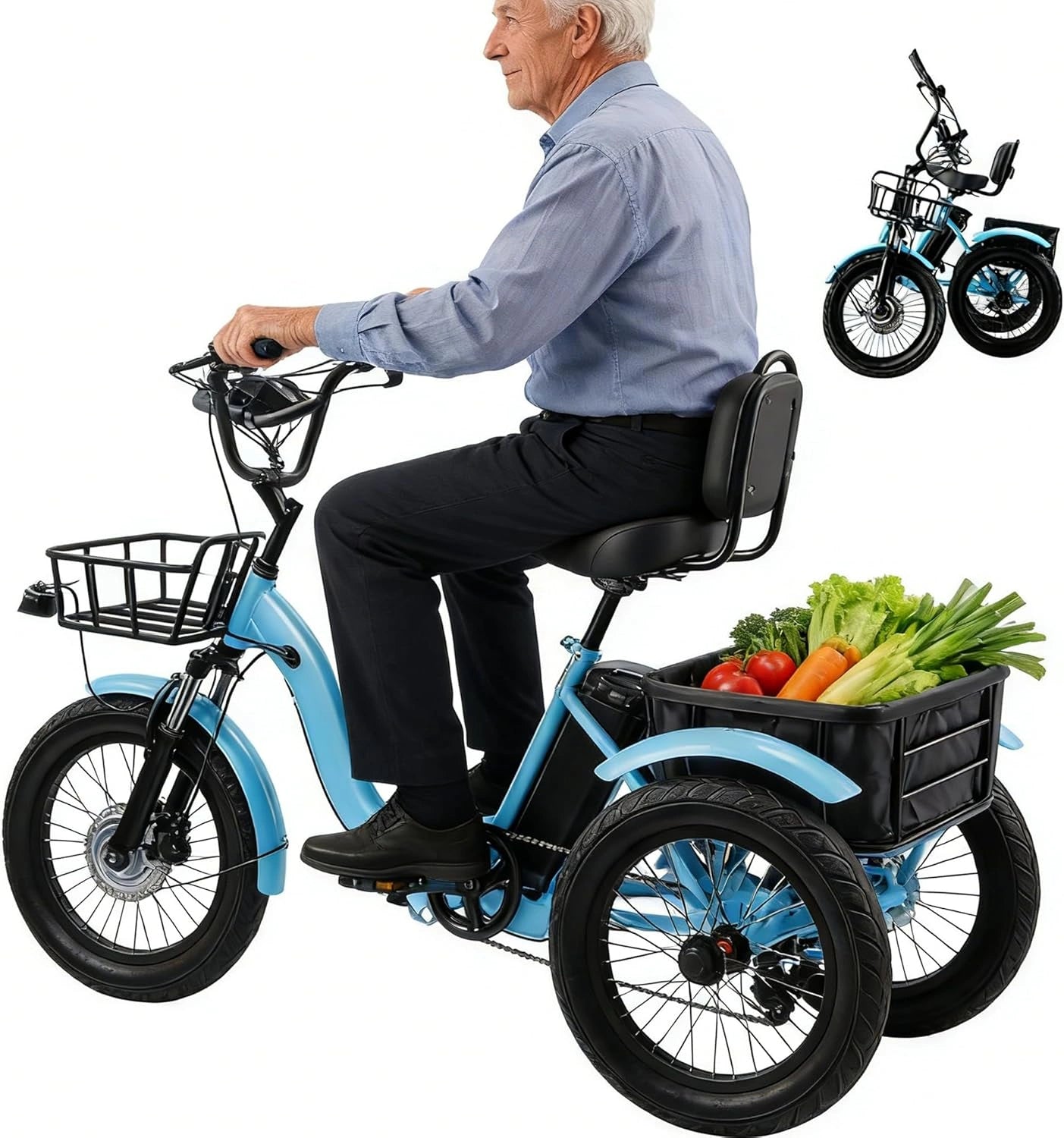 Tricycle électrique Pliable Adulte 18" - 7 Vitesses Mécaniques et 5 électriques, Batterie 48V 13Ah, Portée 44 km, Pneus Larges, Lumière LED Bleu