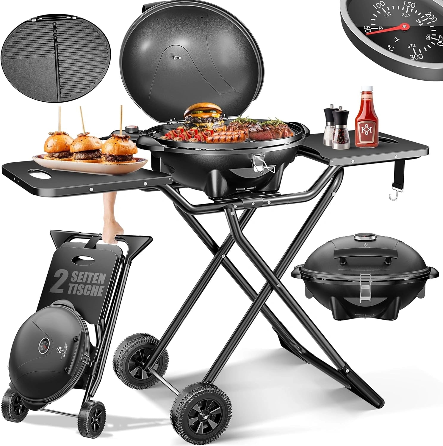 KESSER Gril électrique 2-en-1 avec Couvercle et Pieds, 2400W, Thermomètre, Revêtement Antiadhésif, Pliable, Noir