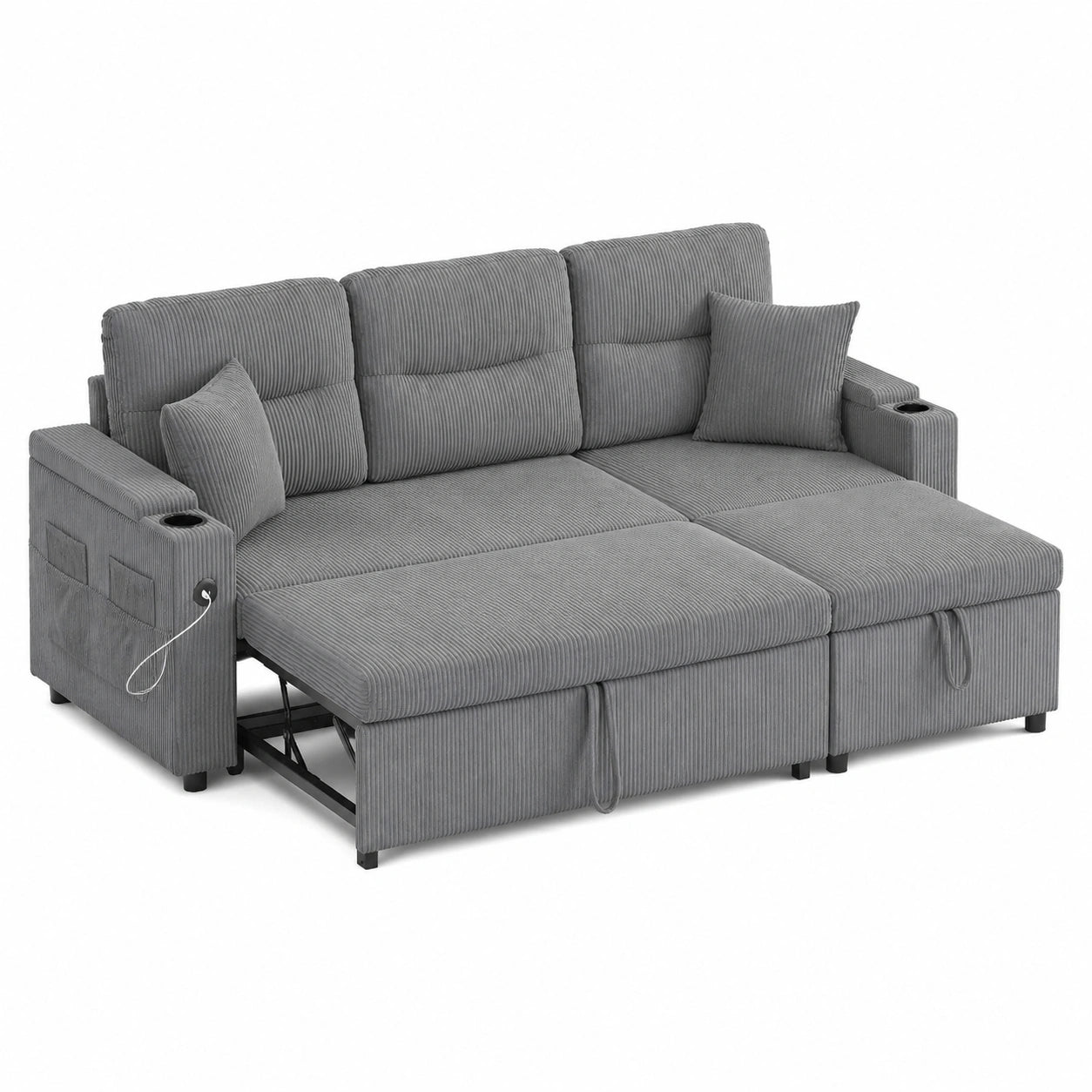 Canapé d'angle convertible avec méridienne de rangement et ports USB, 3 places, gris foncé