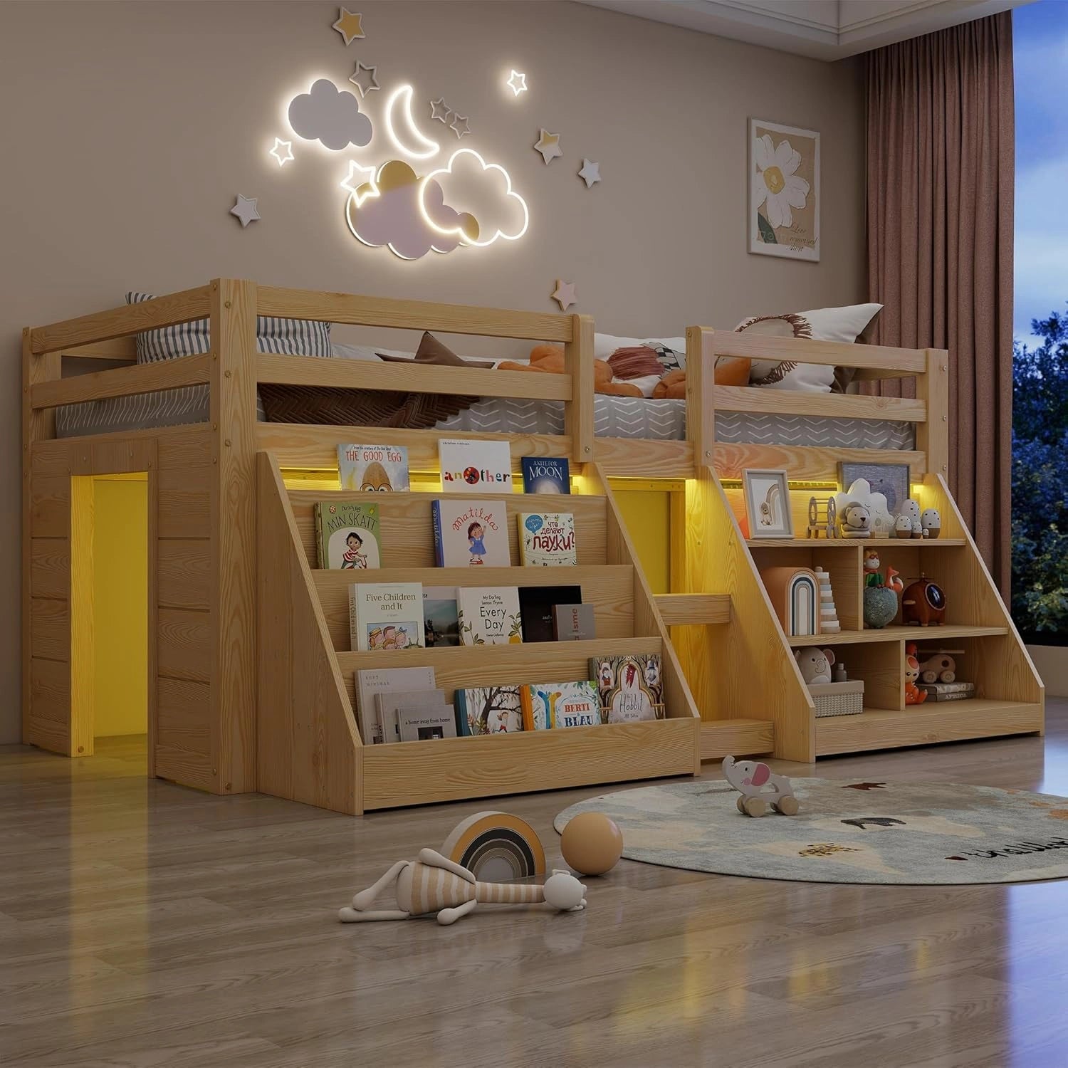 Lit mezzanine enfant en pin avec rangements et barrière de sécurité, 90 x 200 cm, escalier bois naturel