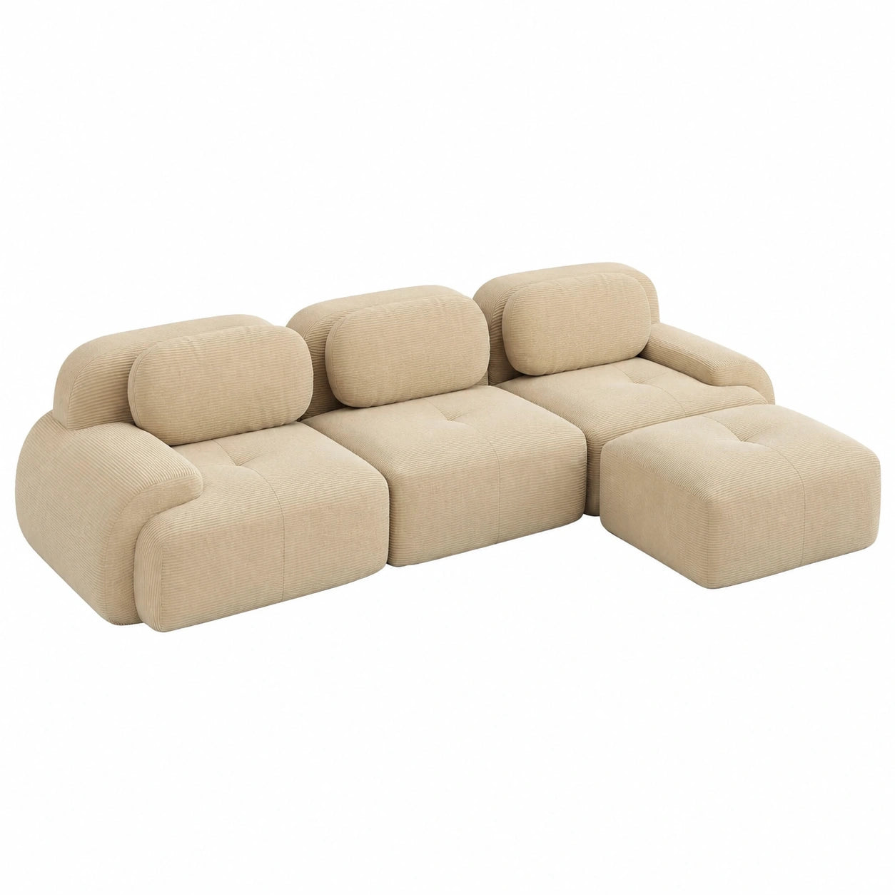 Canapé d'angle modulable en velours côtelé, avec pouf intégré, pour salon spacieux, assise profonde, prêt à l'emploi