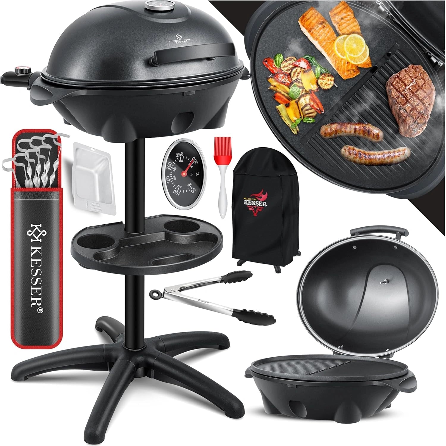 Grill électrique 2 en 1 avec thermomètre et couvercle, 2400 W, plaque antiadhésive XXL, rangement intégré