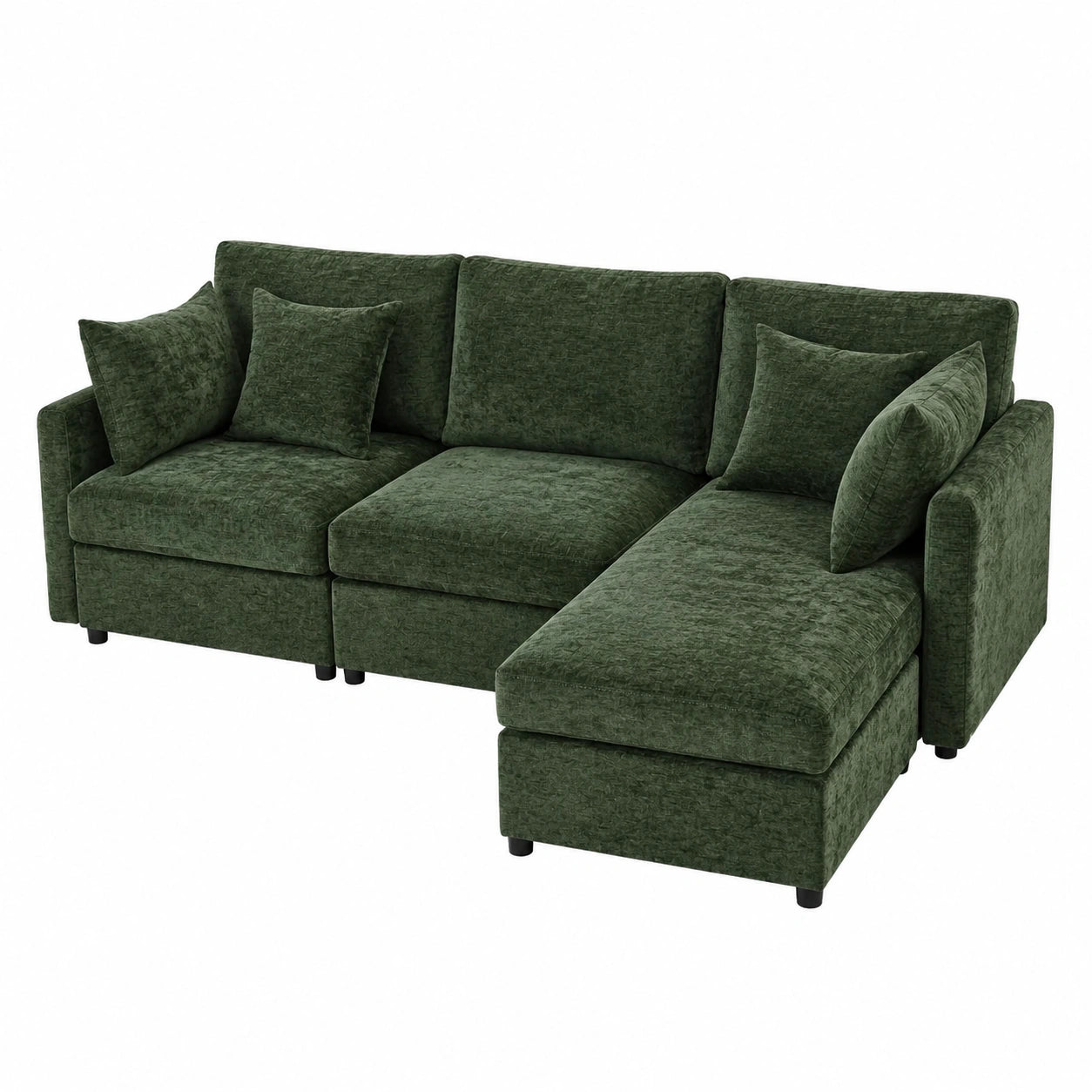 Canapé d'angle modulable 3 places avec pouf et coussins amovibles en tissu chenille
