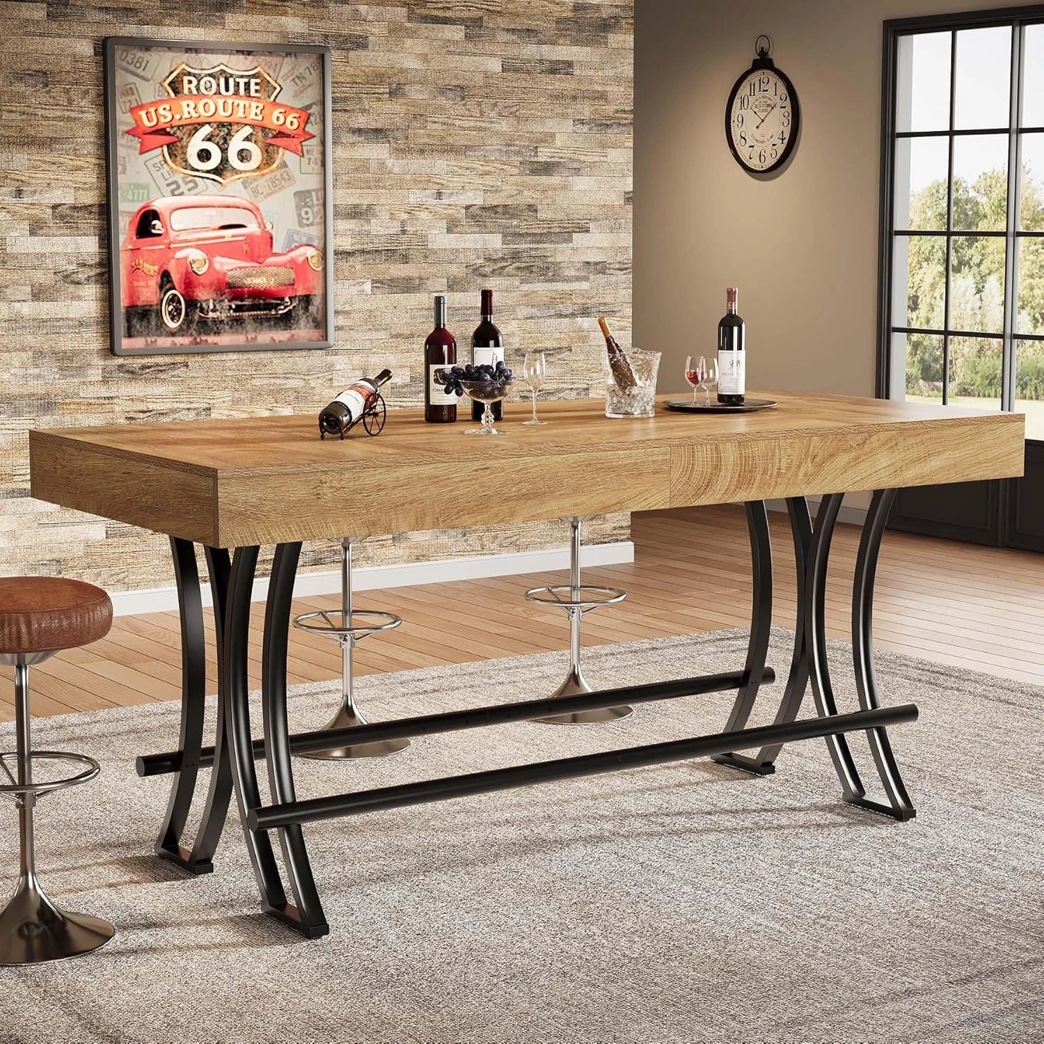 Table Haute de Bar 160 cm avec Repose-Pieds Métallique, Style Industriel pour Cuisine, Marron