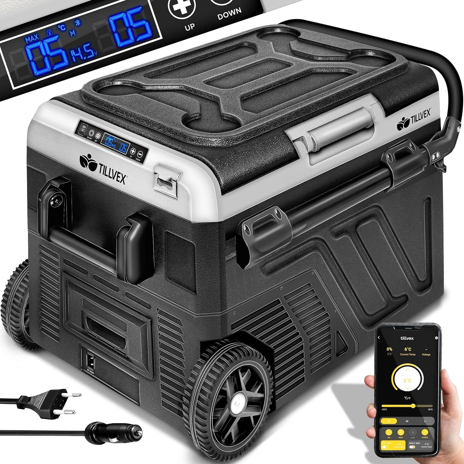 Glacière Compresseur tillvex? - Réfrigérateur Portable avec WiFi, USB, 12/24V et 230V, Jusqu'à -20°C pour Voiture, Camion, Bateau, Camping, 40L, Gris