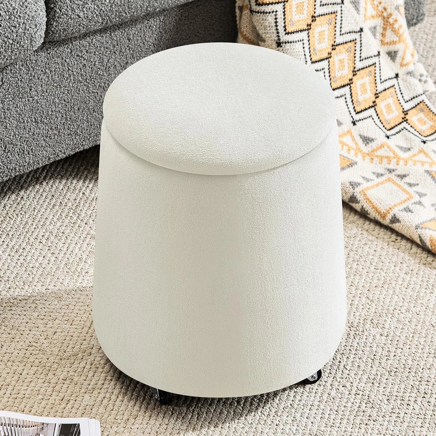 Tabouret Pouf Rangement en Tissu Bouclé avec Roulettes - Beige Crème 37x45cm